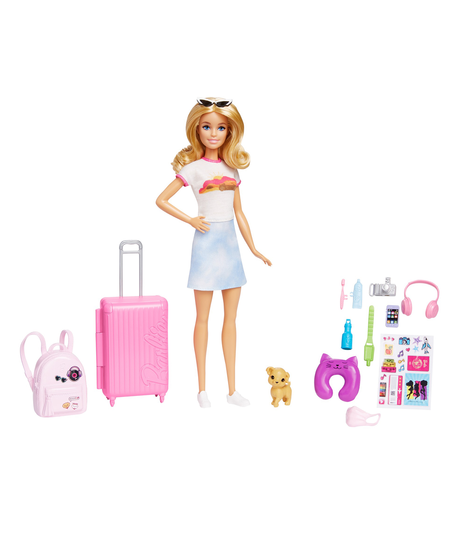 Barbie Doll and Accessories Malibu Travel Set with Puppy - Height 29.5 cm (Colors and Decorations May Vary)