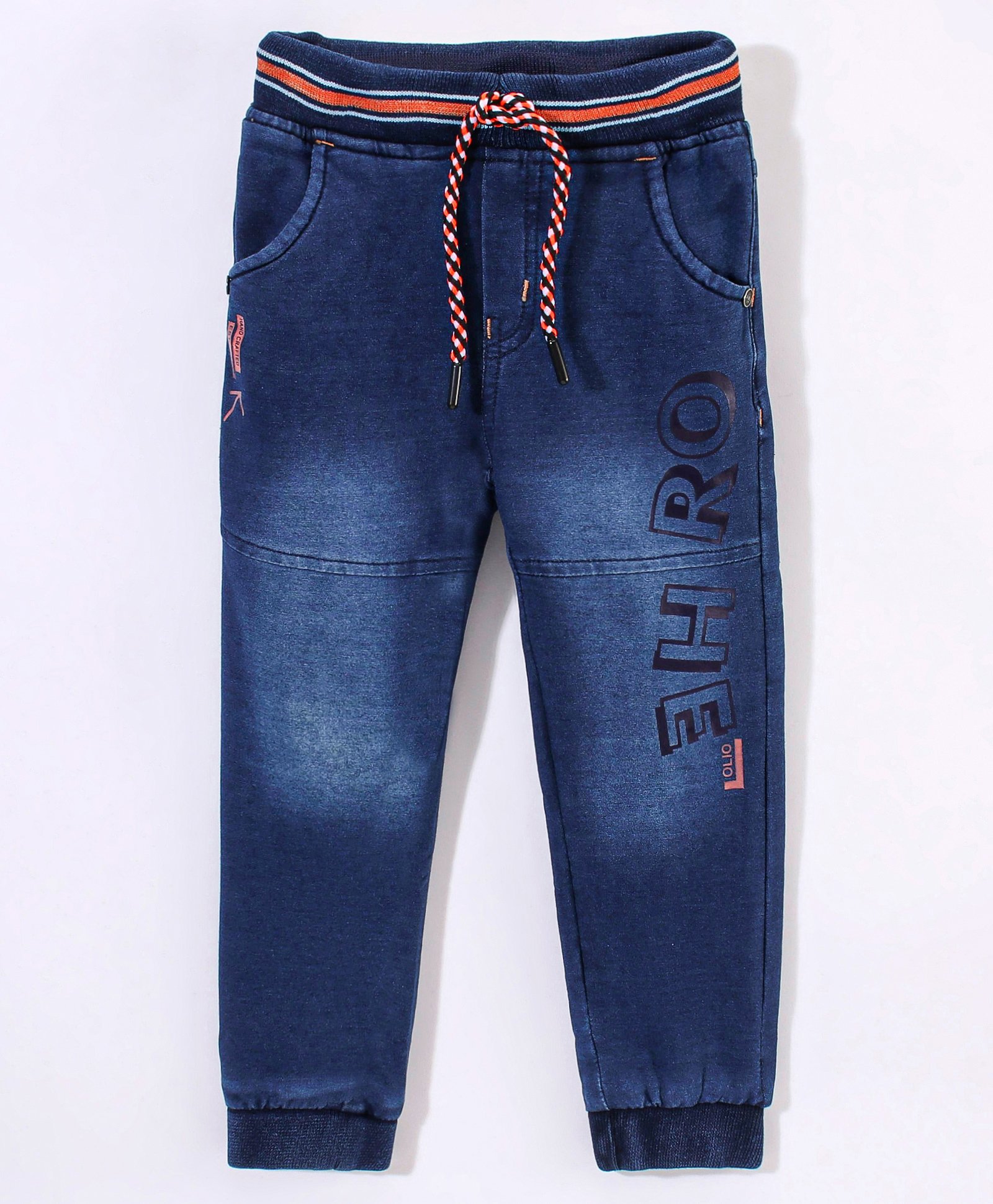 Olio Kids Cotton Lycra Woven Full Length Denim Jeans Text Print - Dark Blue-image-2