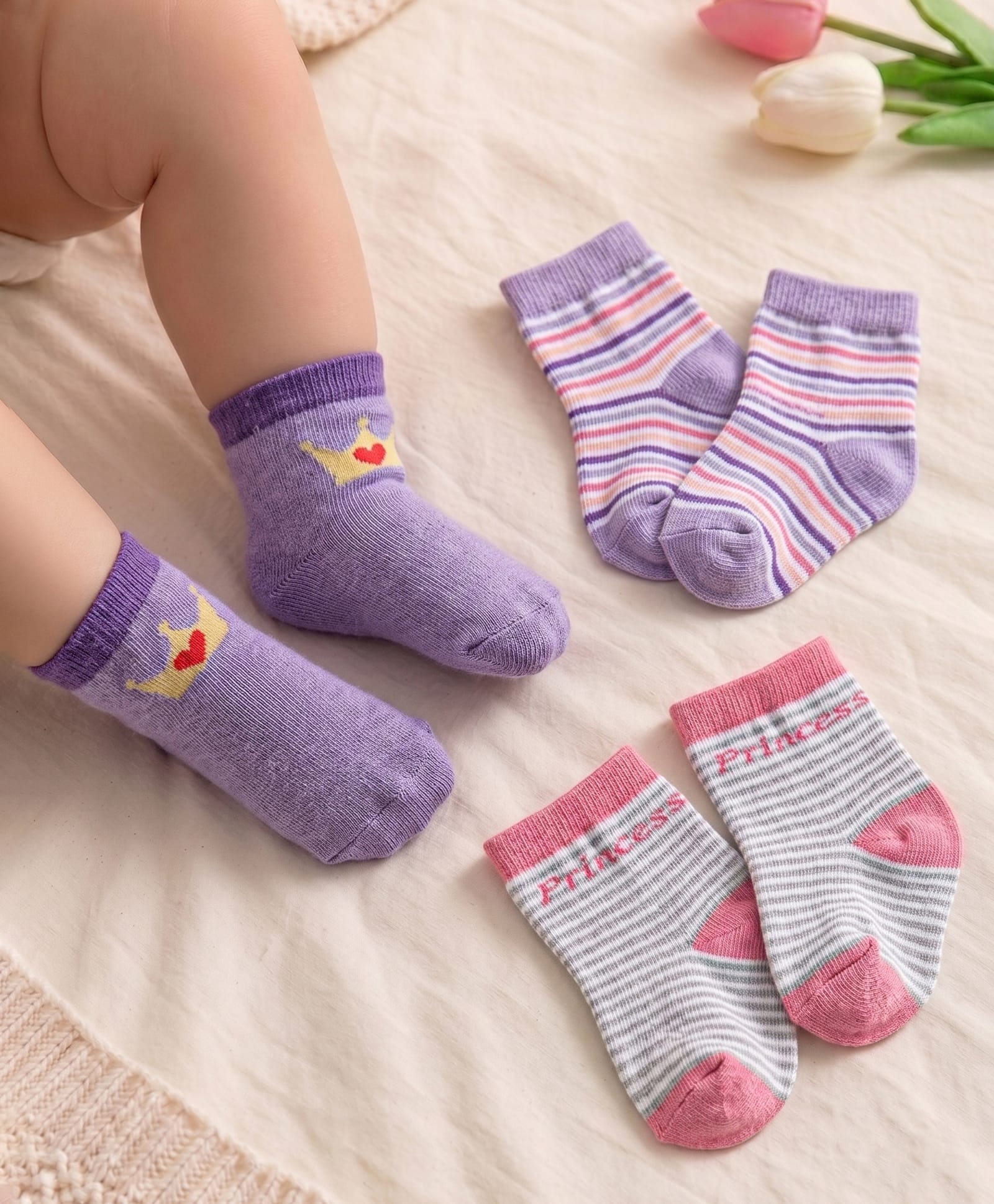 Cutewalk By Babyhug Cotton Anti Bacterial Ankle Length Striped Socks Pack of 3 - Purple & Pink-image-43