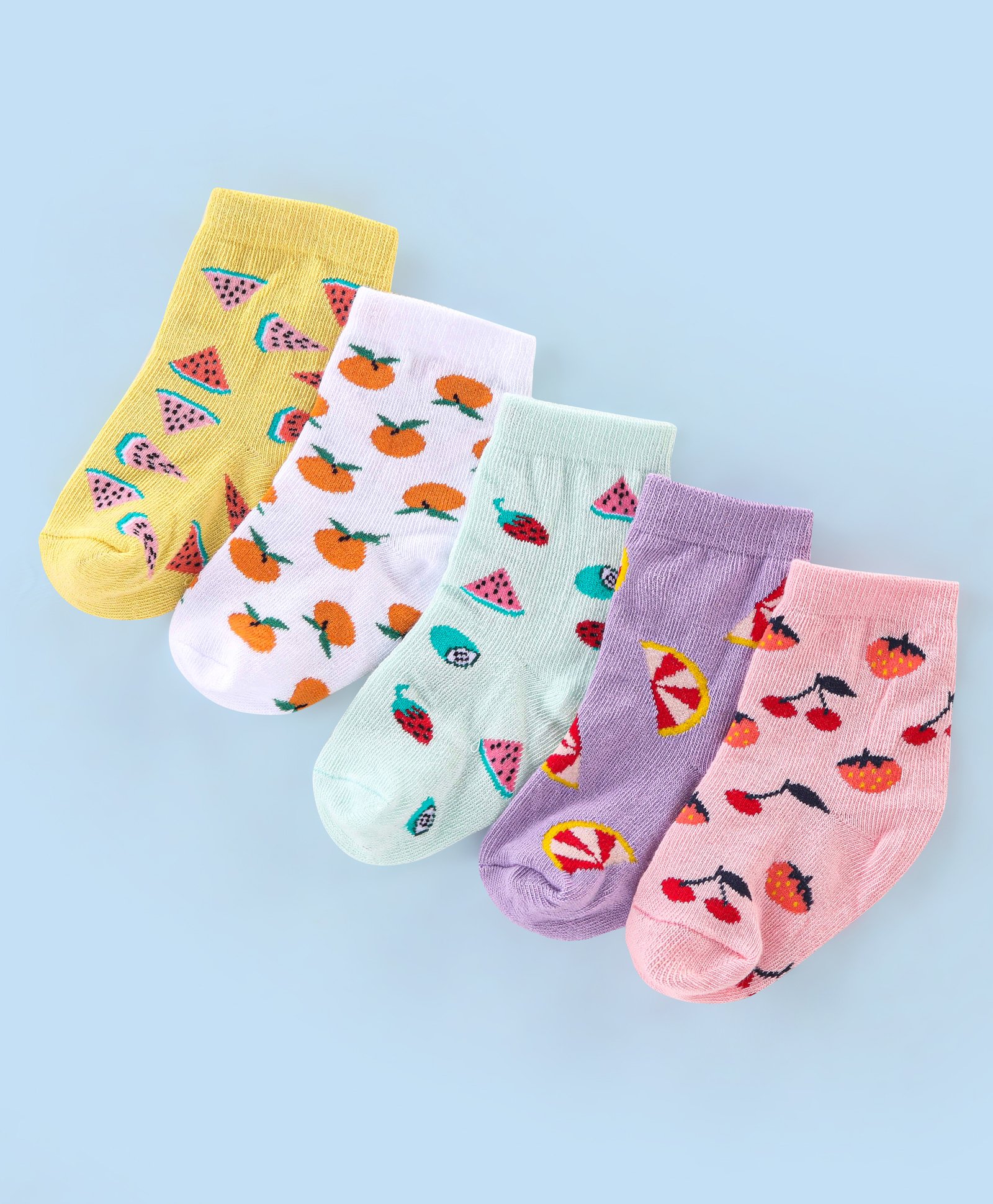 Cutewalk By Babyhug Anti Bacterial Ankle Length Socks Fruits Design Pack of 5- Purple Yellow & Pink-image-46