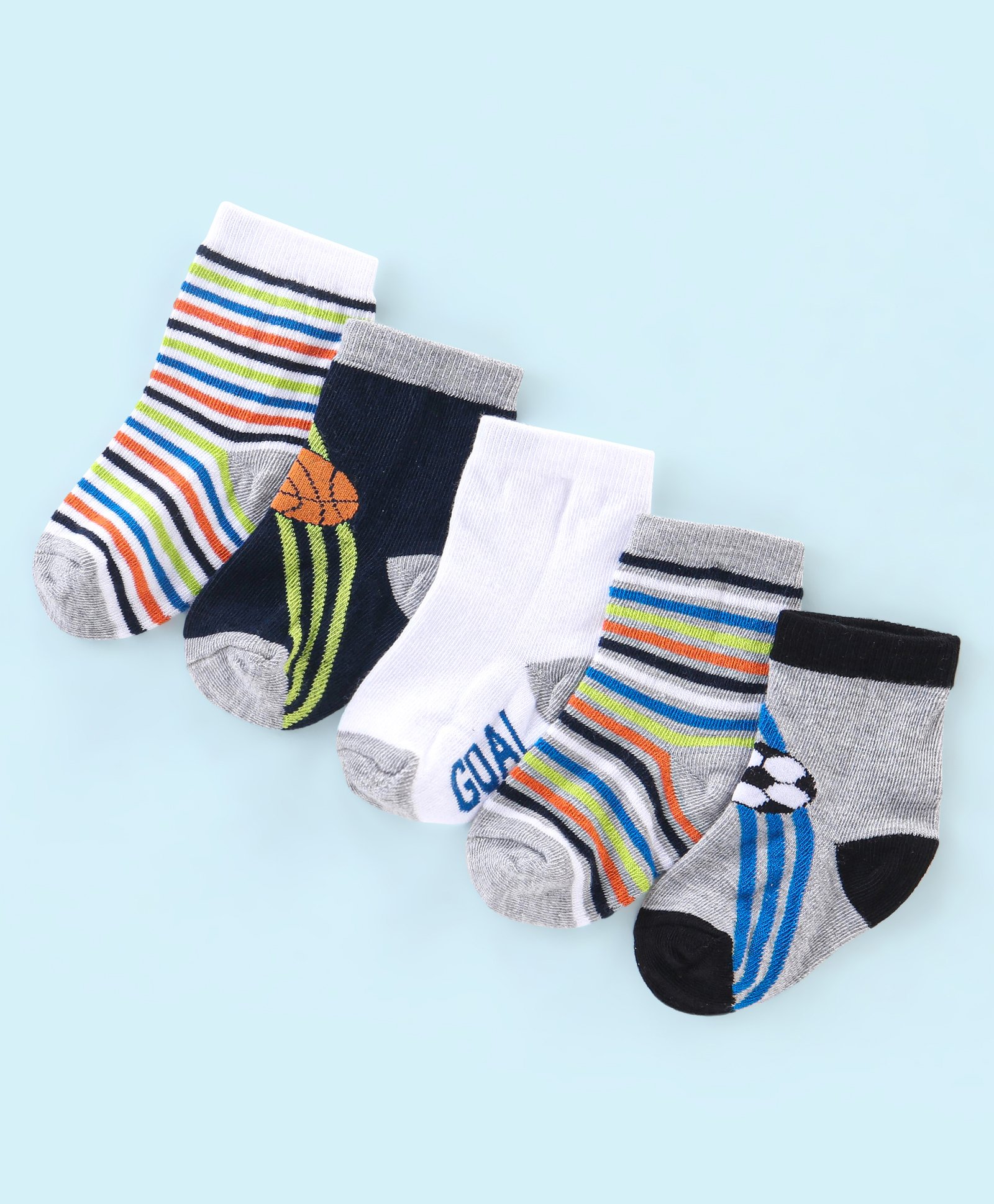 Cute Walk by Babyhug Cotton Knit Anti Bacterial Ankle Length Socks Stripes & Ball Design Pack of 5 - Black Grey & White-picture-14