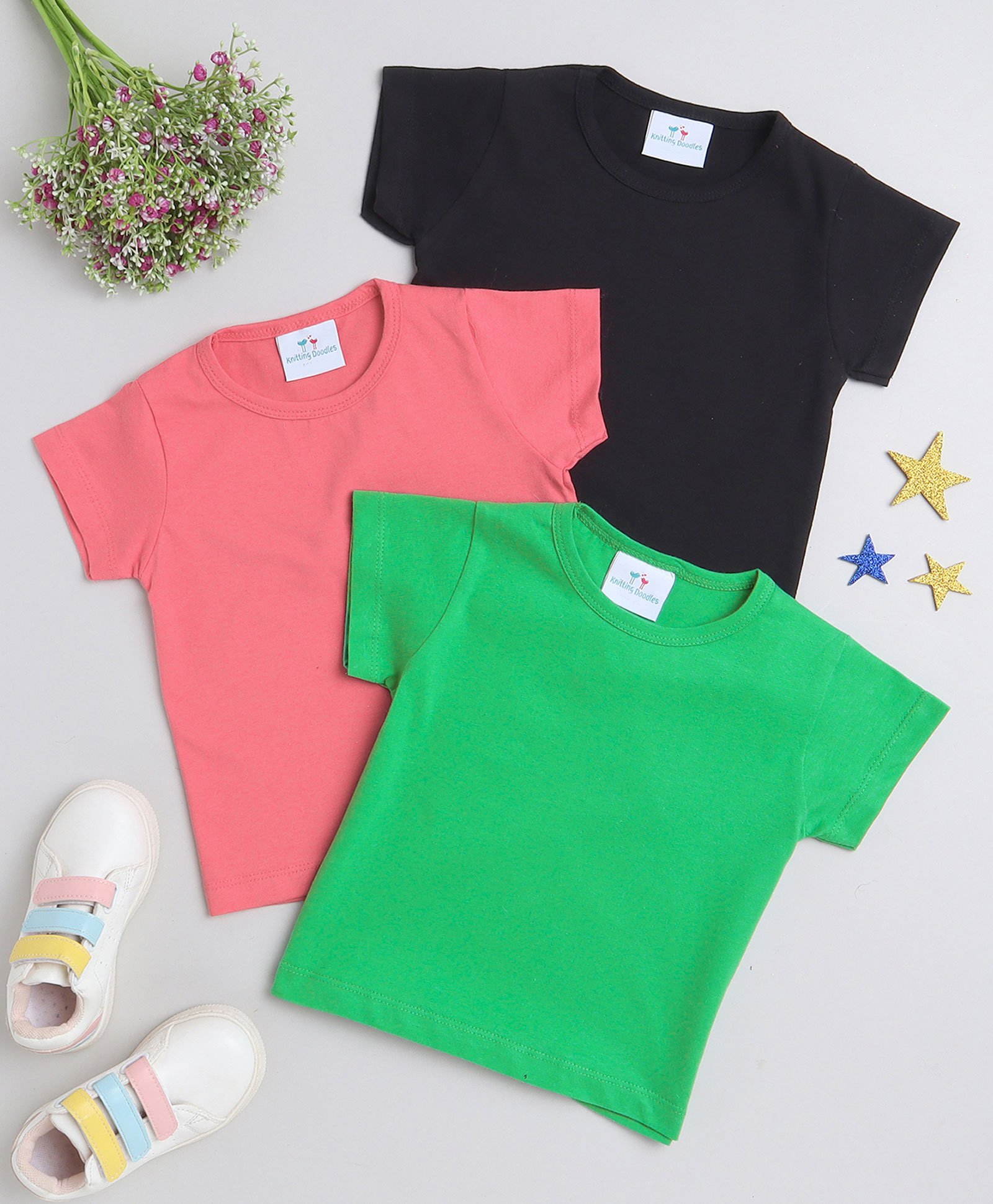 Knitting Doodles Pack Of 3 Pure Cotton Half Solid Tees - Blue Green & Pink-picture-23