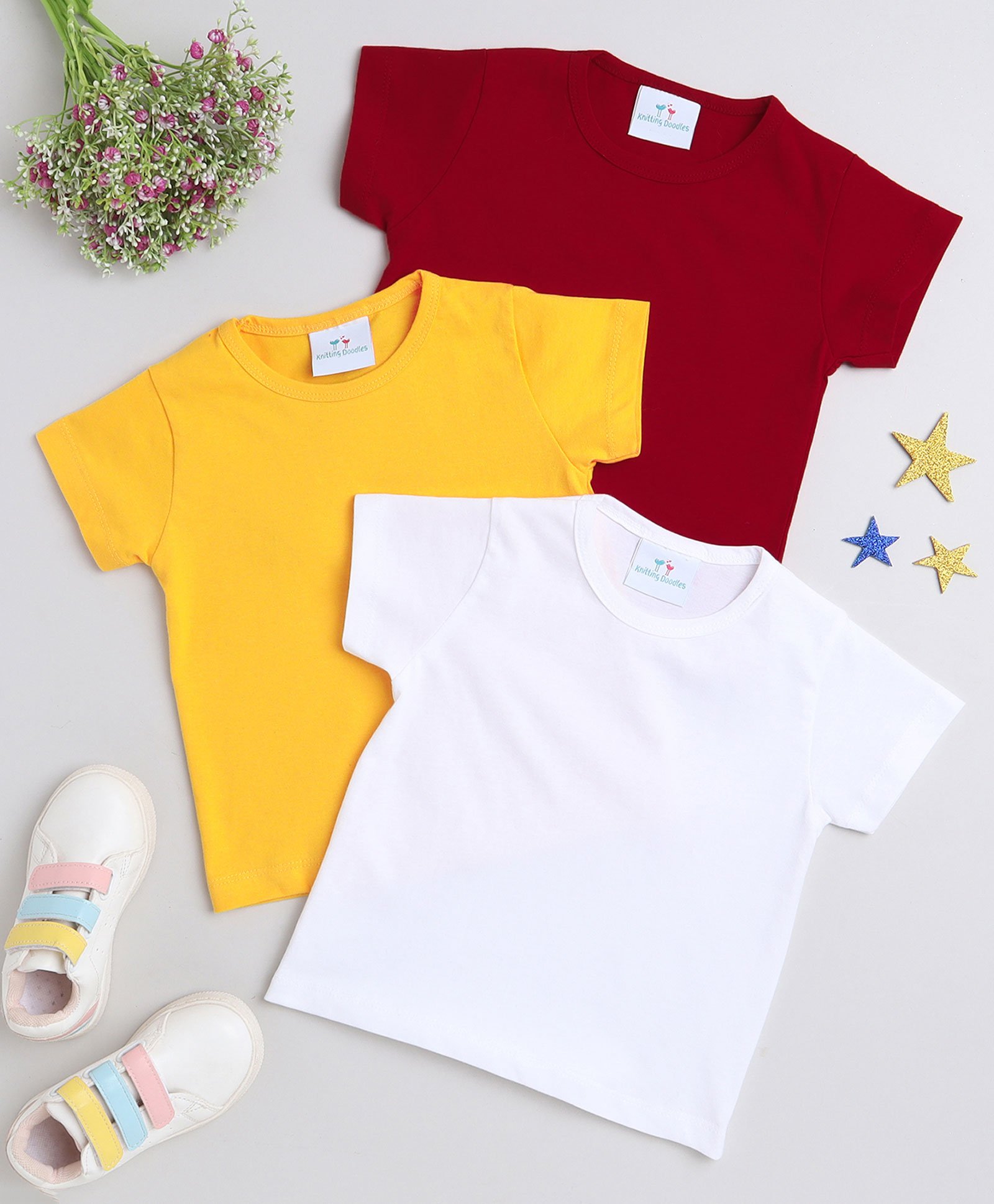 Knitting Doodles Pack Of 3 Pure Cotton Half Solid Tees - White Yellow & Red-image-6