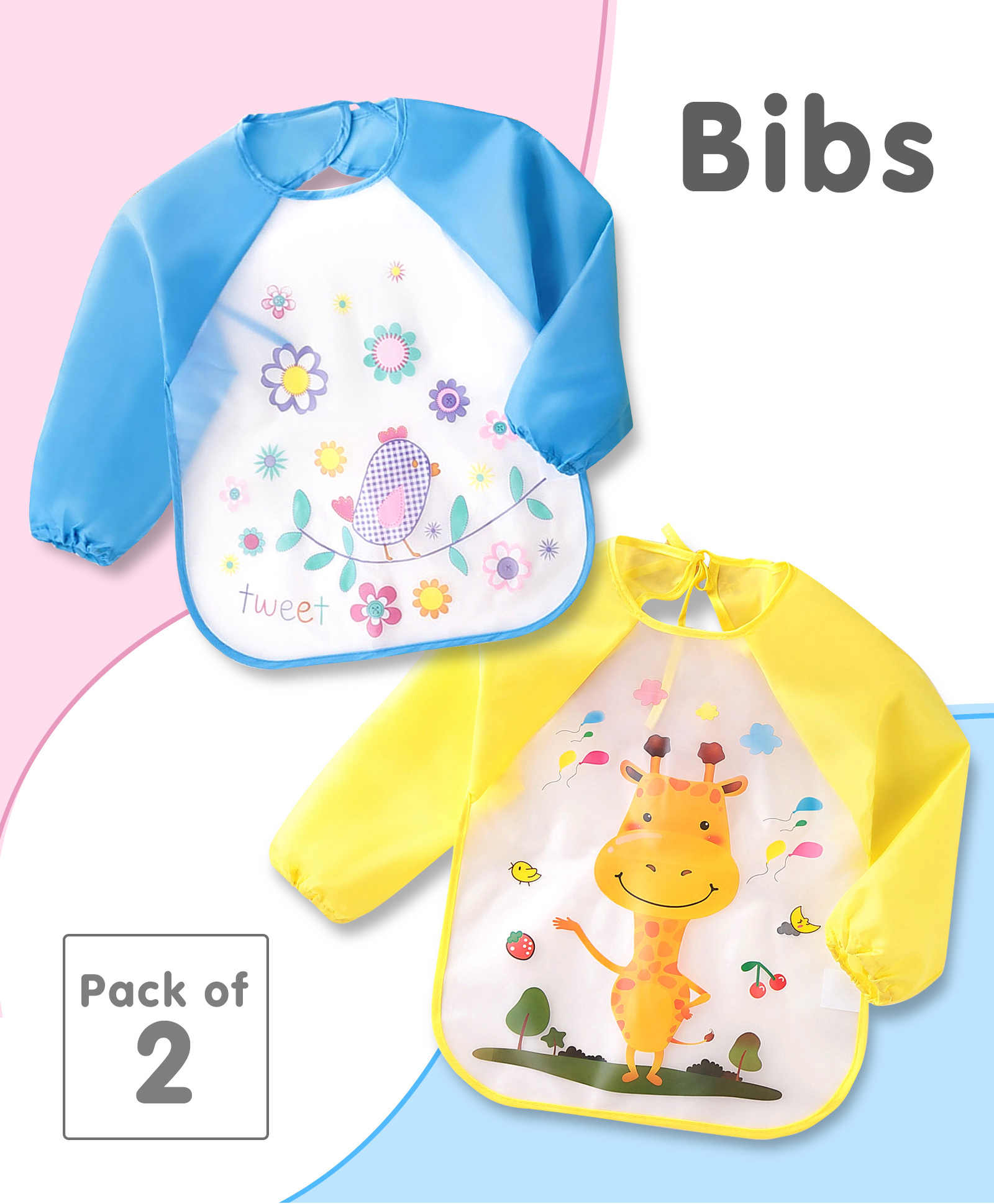 Full Sleeves Washable Waterproof Printed Apron Wearable Bibs - Pack Of 2 - Yellow & Blue-image-20