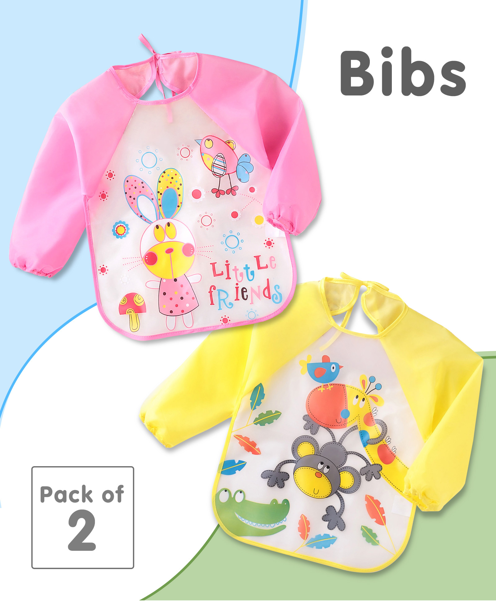 fab n funky Full Sleeves Washable Waterproof Printed Apron Wearable Bibs- Pack Of 2- Pink & Yellow-picture-30