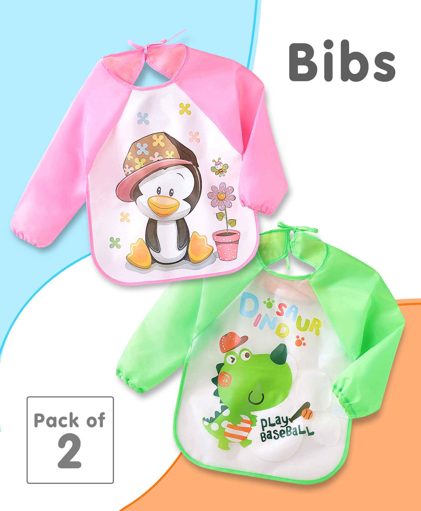 fab n funky Full Sleeves Washable Waterproof Printed Apron Wearable Bibs-Pack Of 2- Pink & Green-picture-28