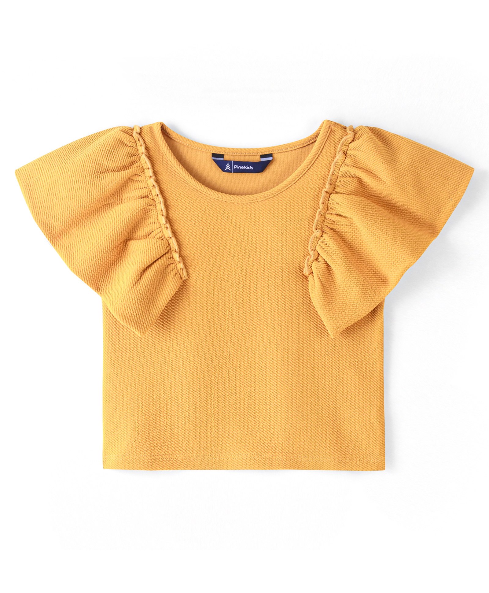 Pine Kids Knitted Ruffle Sleeves Stretchable Solid Top - Mustard Yellow-image-29