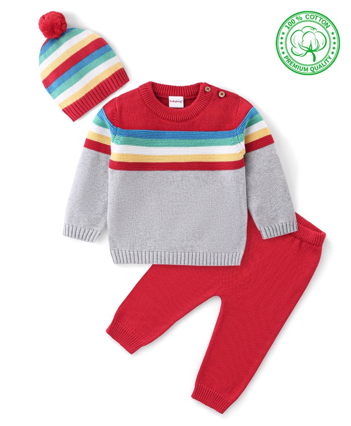 Babyhug Organic Cotton Knit Full Sleeves Striped Sweater Set - Red & Grey-image-3