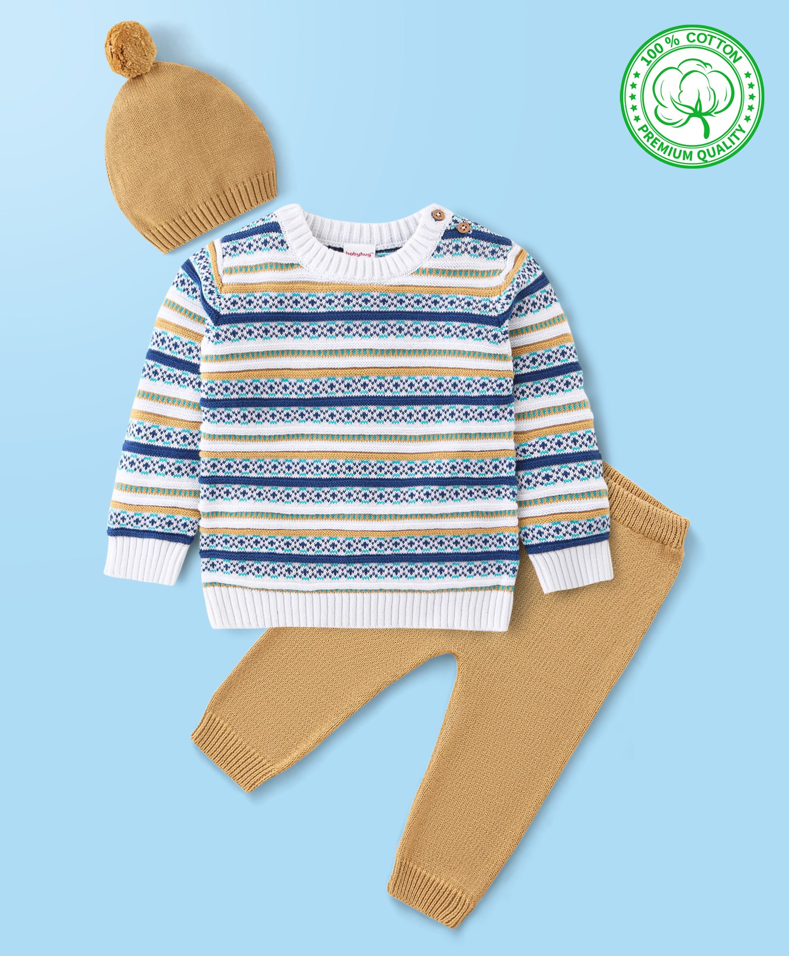 Babyhug Organic Cotton Knit Full Sleeves Striped Sweater Set - Mustard & Blue-image-24