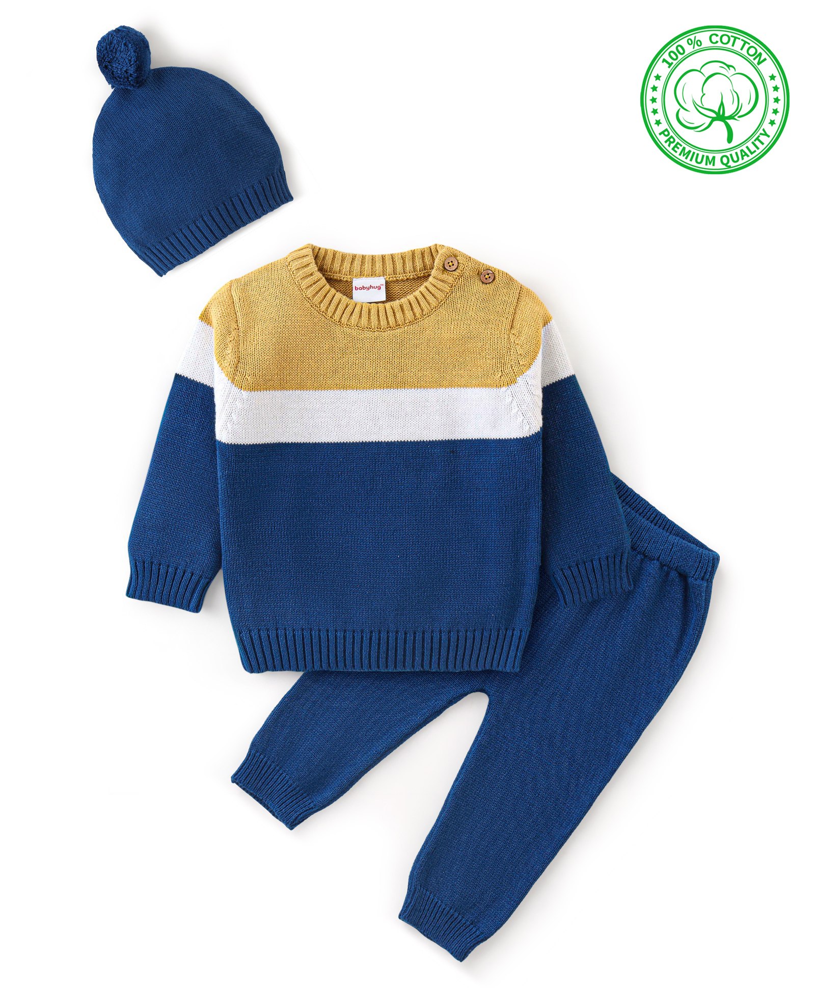 Babyhug Organic Cotton Full Sleeves Sweater Set Color Block Design- Mustard & Blue-image-38