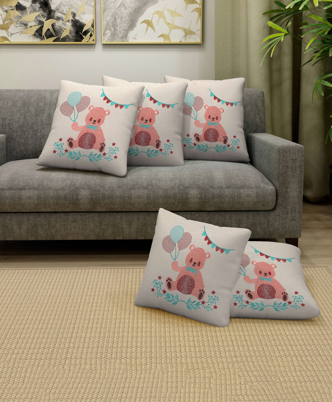 FABINALIV 100% Cotton Embroidered Square Shape Cushion Covers Pack of 5 -Off White-picture-23