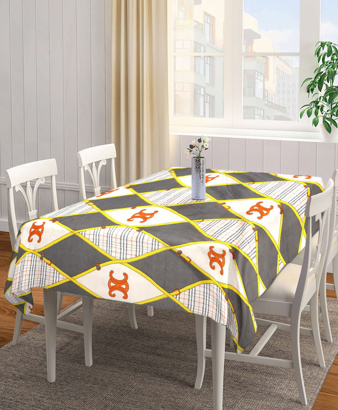 Fabinaliv Geometric 300 TC Cotton Blend Table Cover - Multicolor-image-1