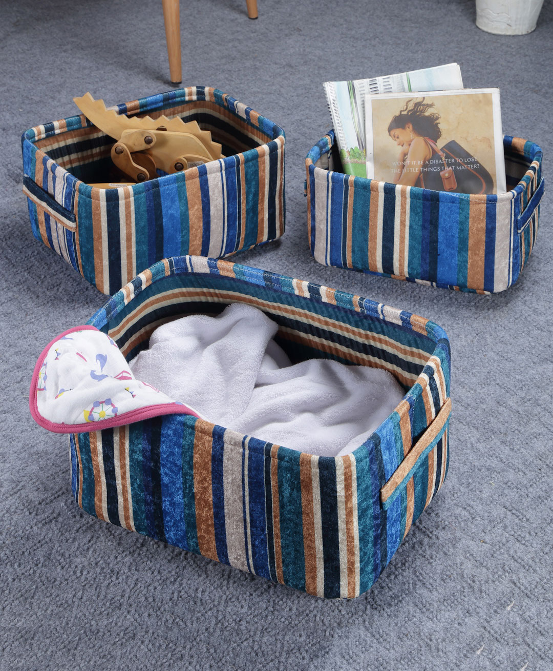FABINALIV Cotton Blend Multi Purpose Striped Organisers Pack of 3 - Multicolor-image-43
