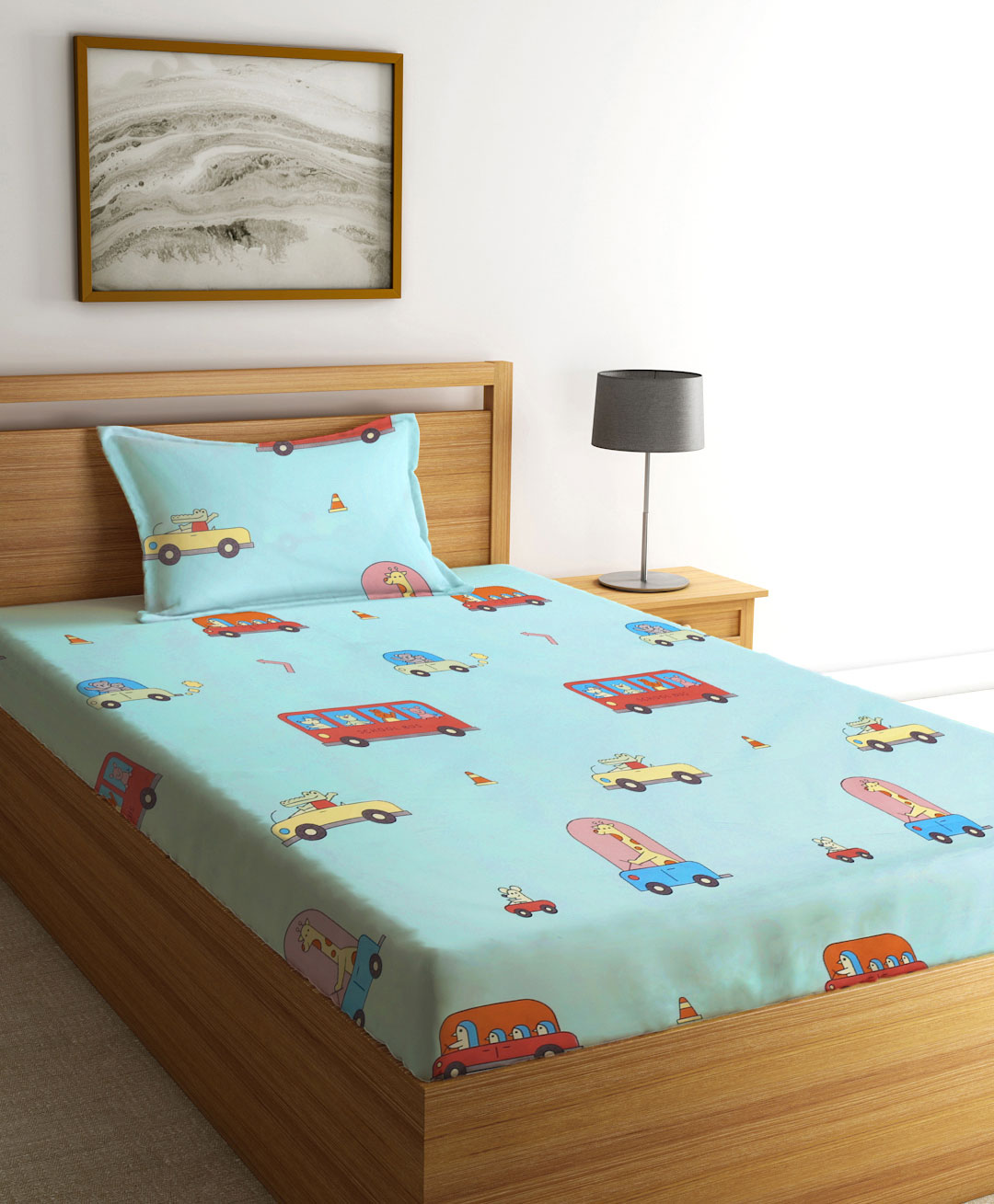 FABINALIV Cartoon Print 300 TC Cotton Blend Single Bedsheet with Pillow Cover - Multicolor-image-40