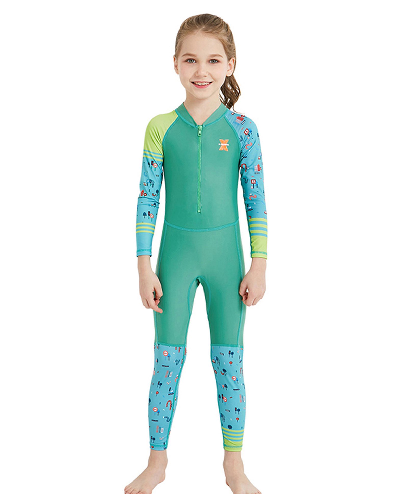 Little Surprise Box Full Sleeves Summer Sea Printed Legged Swimsuit - Green-picture-16