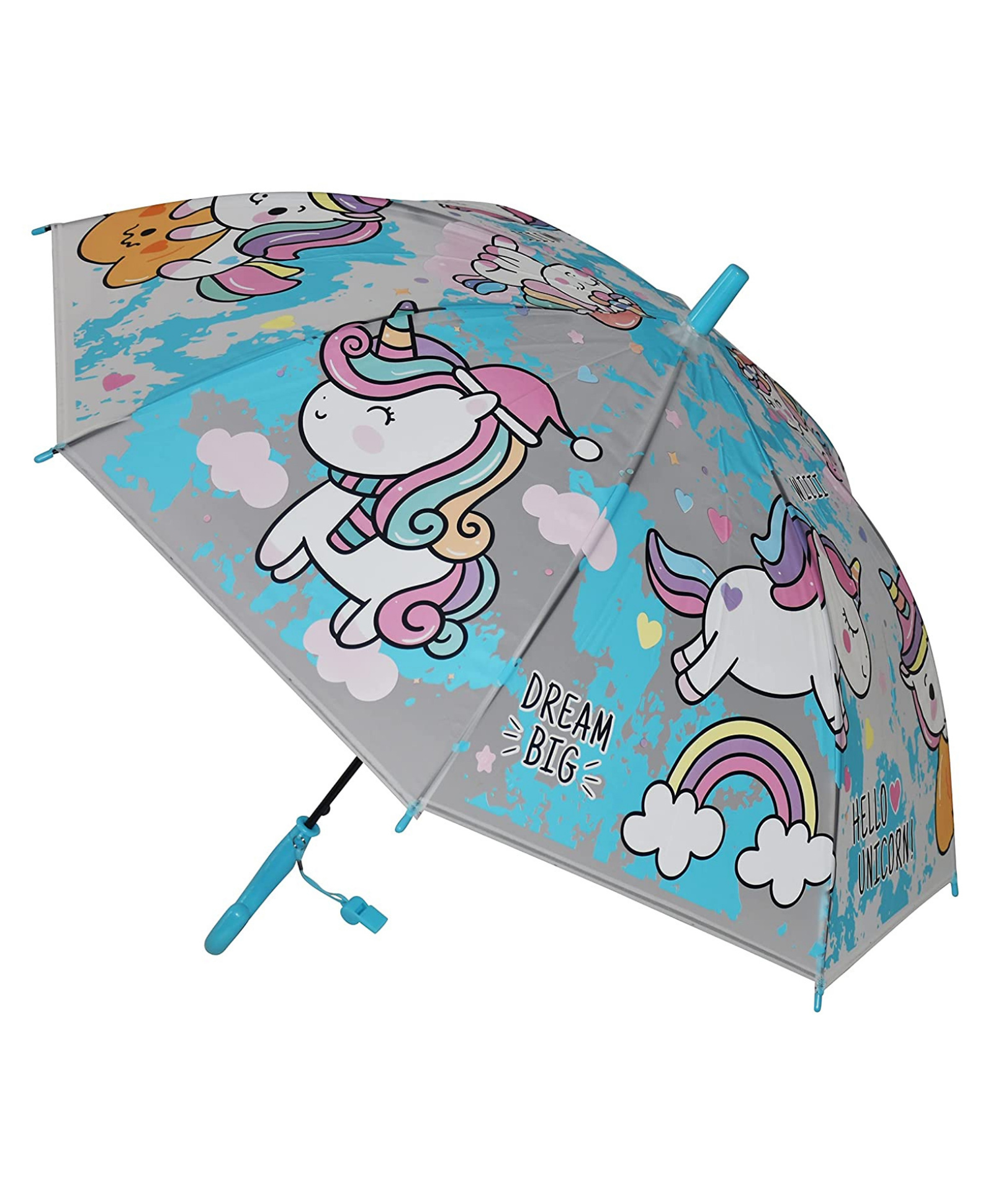 KARBD Translucent Unicorn Auto Open Kids Umbrella with Whistle - Light Blue