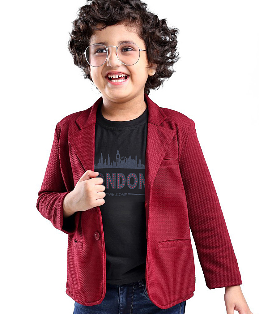 Babyhug Woven Full Sleeves Party Blazer With T-Shirt - Maroon-image-10