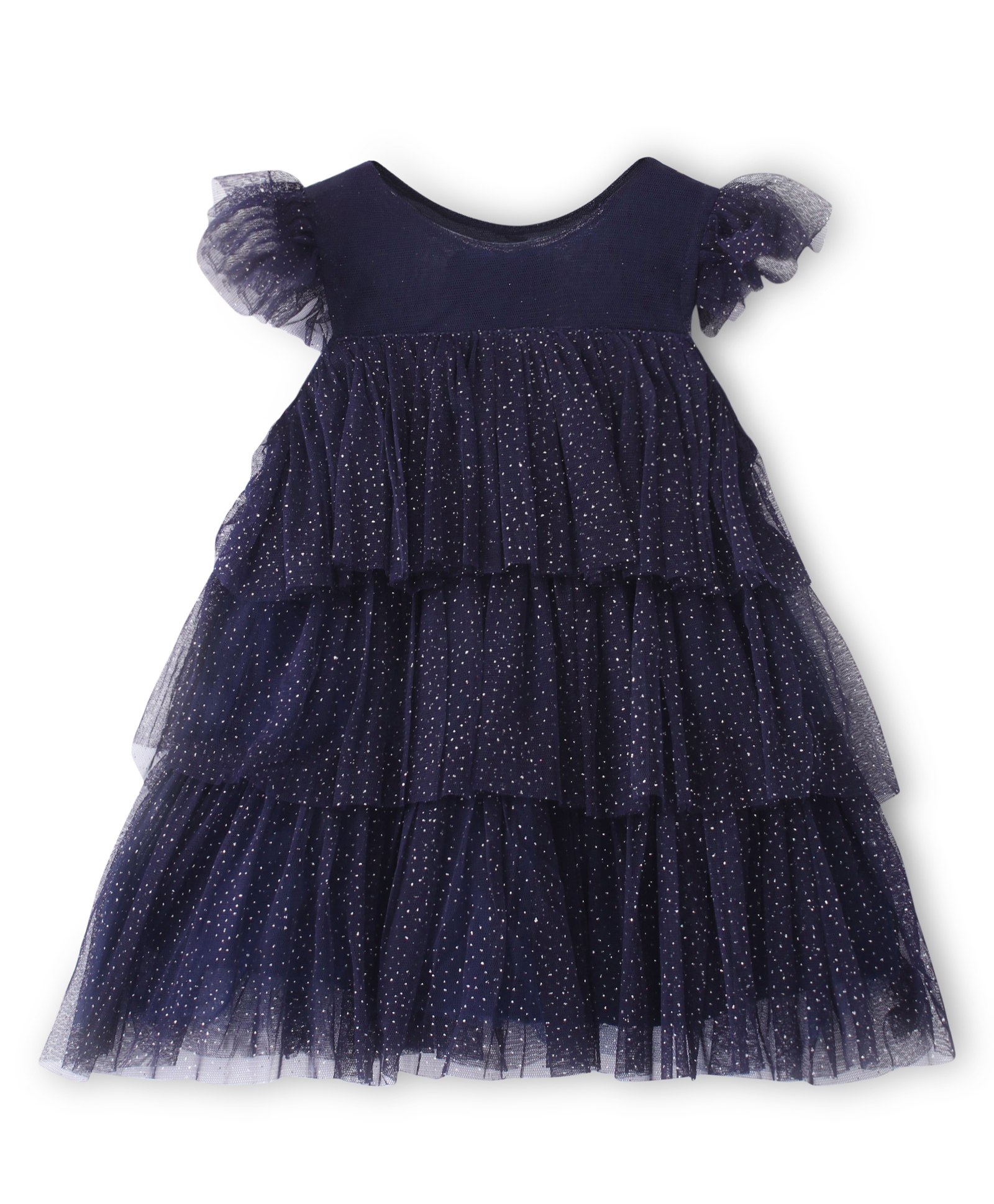 Babyhug Woven Sleeveless Party Frock All Over Foil Print Solid Colour - Navy Blue-picture-14