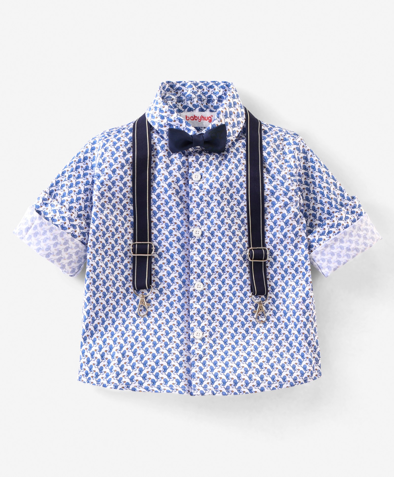Babyhug Full Sleeves Party Shirt with Bow & Suspender Bird Print - Blue-image-37