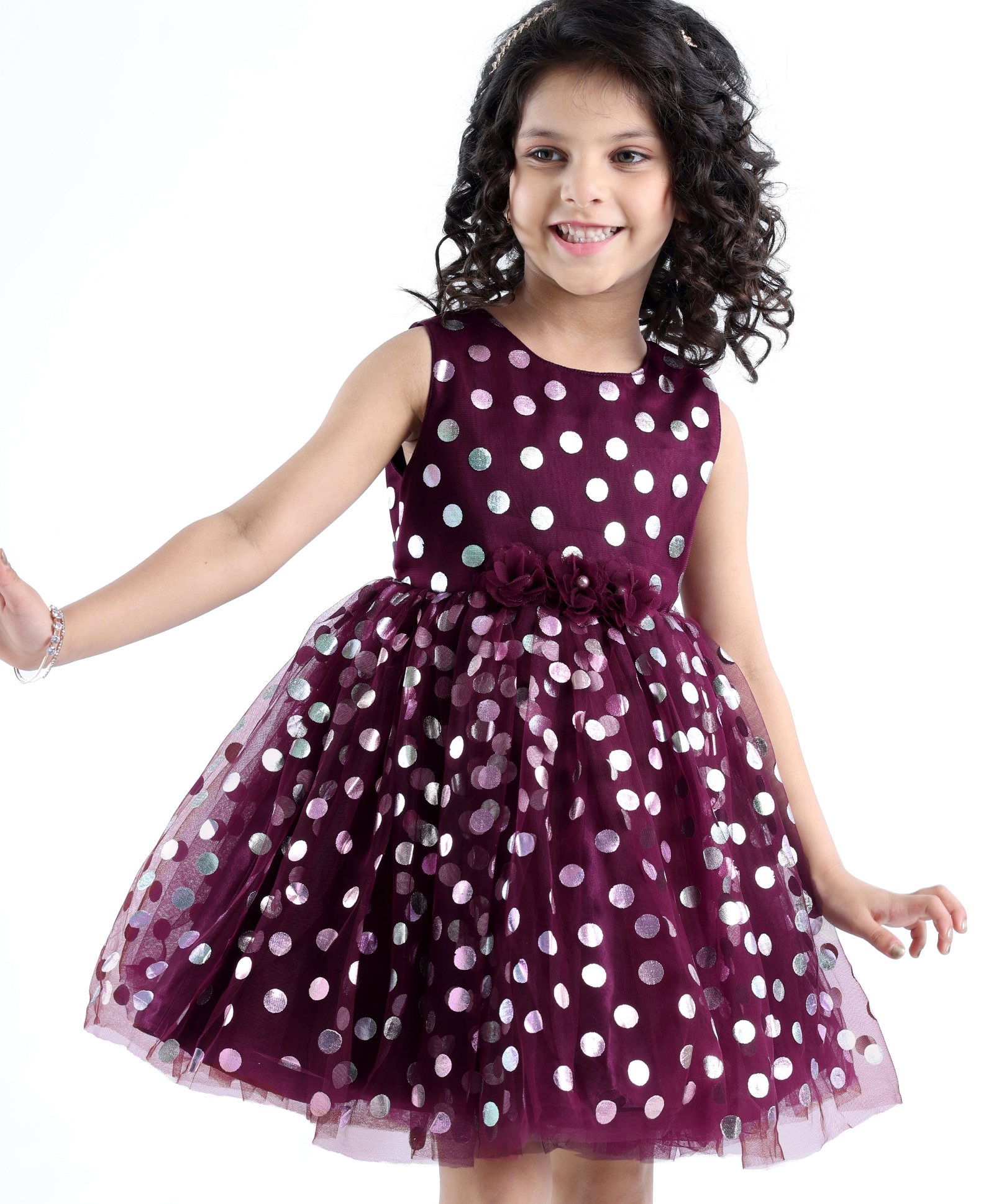 Babyhug Woven Sleeveless Party Frock with Floral Corsage - Wine-image-29