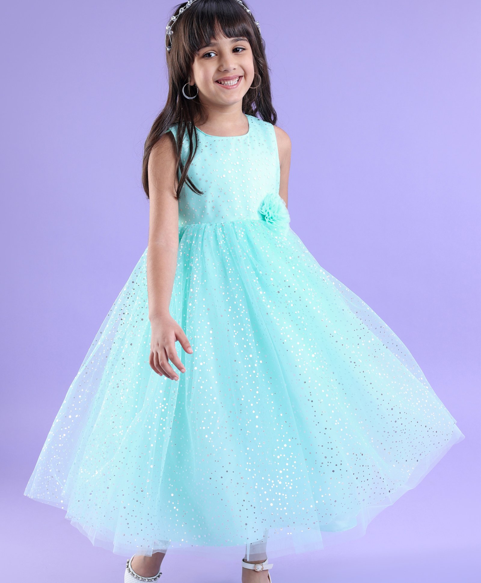 Babyhug Sleeveless Party Frock With Foil Print & Floral Corsage- Mint-image-13