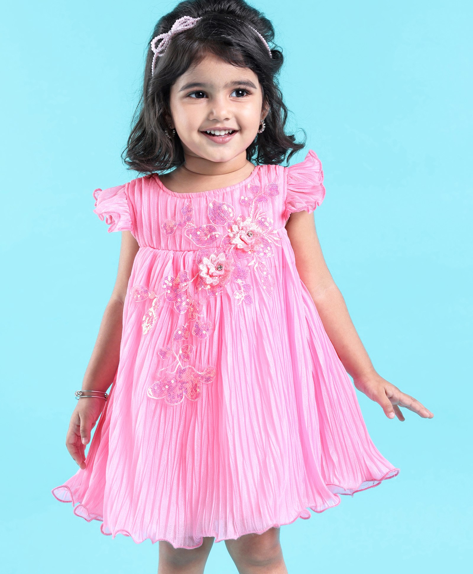 Babyhug Flutter Sleeves Pleated A Line Party Frock With Floral Embroidery- Pink-image-25