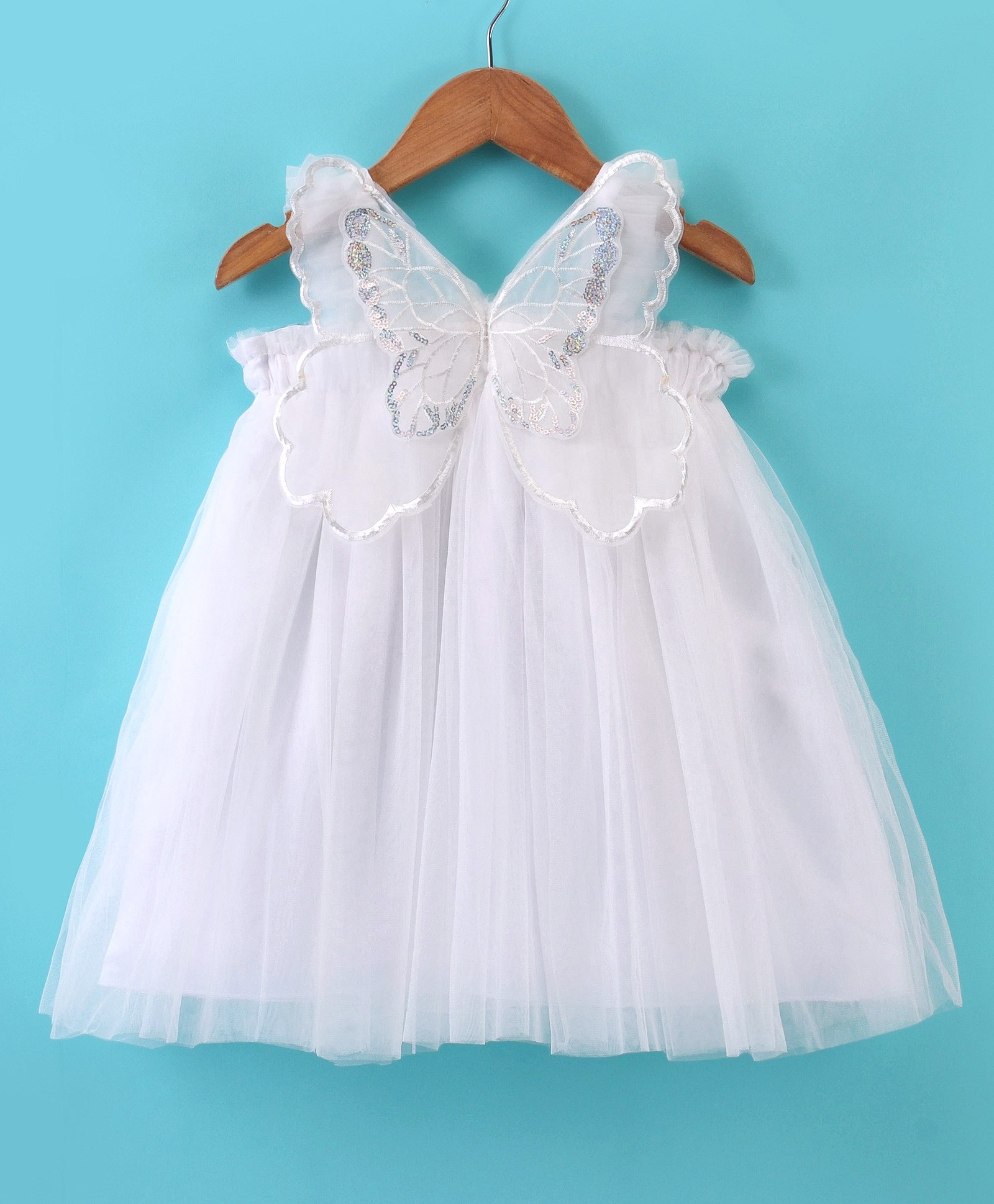 Babyhug Sleeveless Party Frock With Butterfly Wings Corsage & Sequine Detailing - White-picture-23