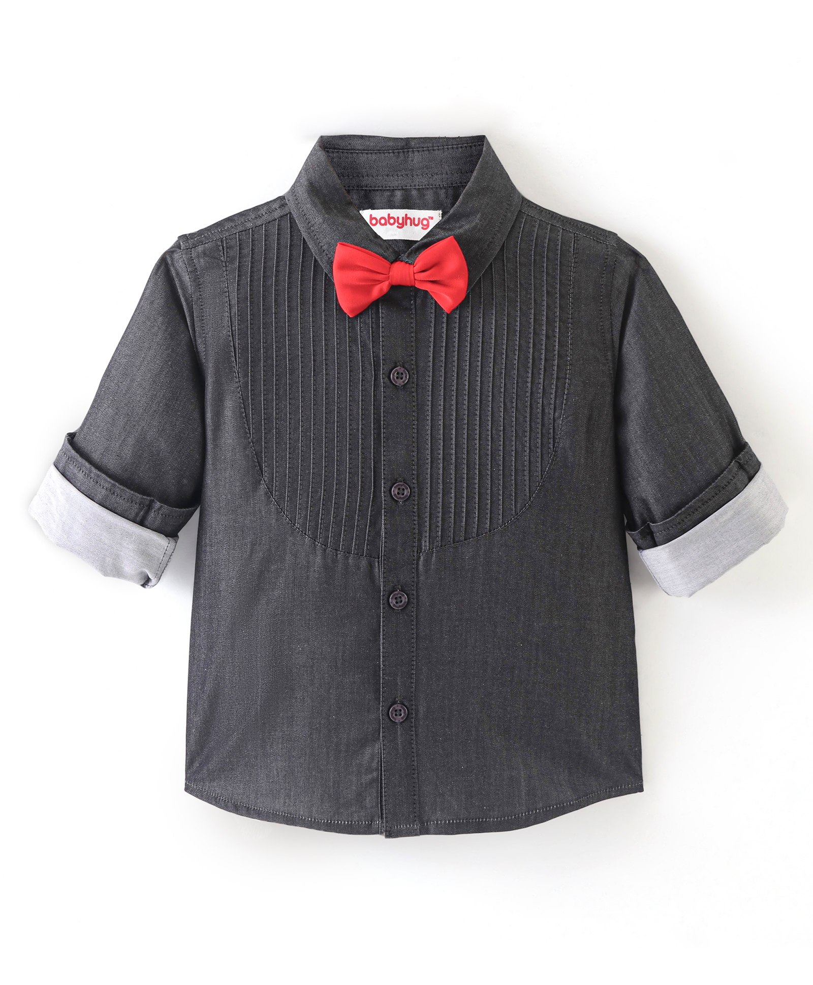 Babyhug Cotton Woven Full Sleeves Party Shirt With Bow - Black-image-34