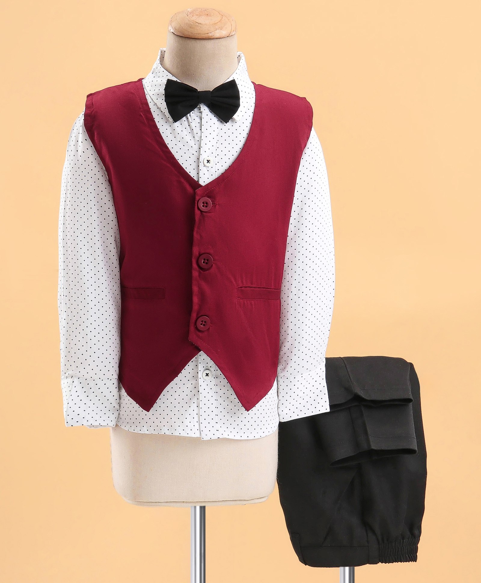 Babyhug Woven Full Sleeves Solid Party Suit with Bow Tie - Maroon & Black-image-43