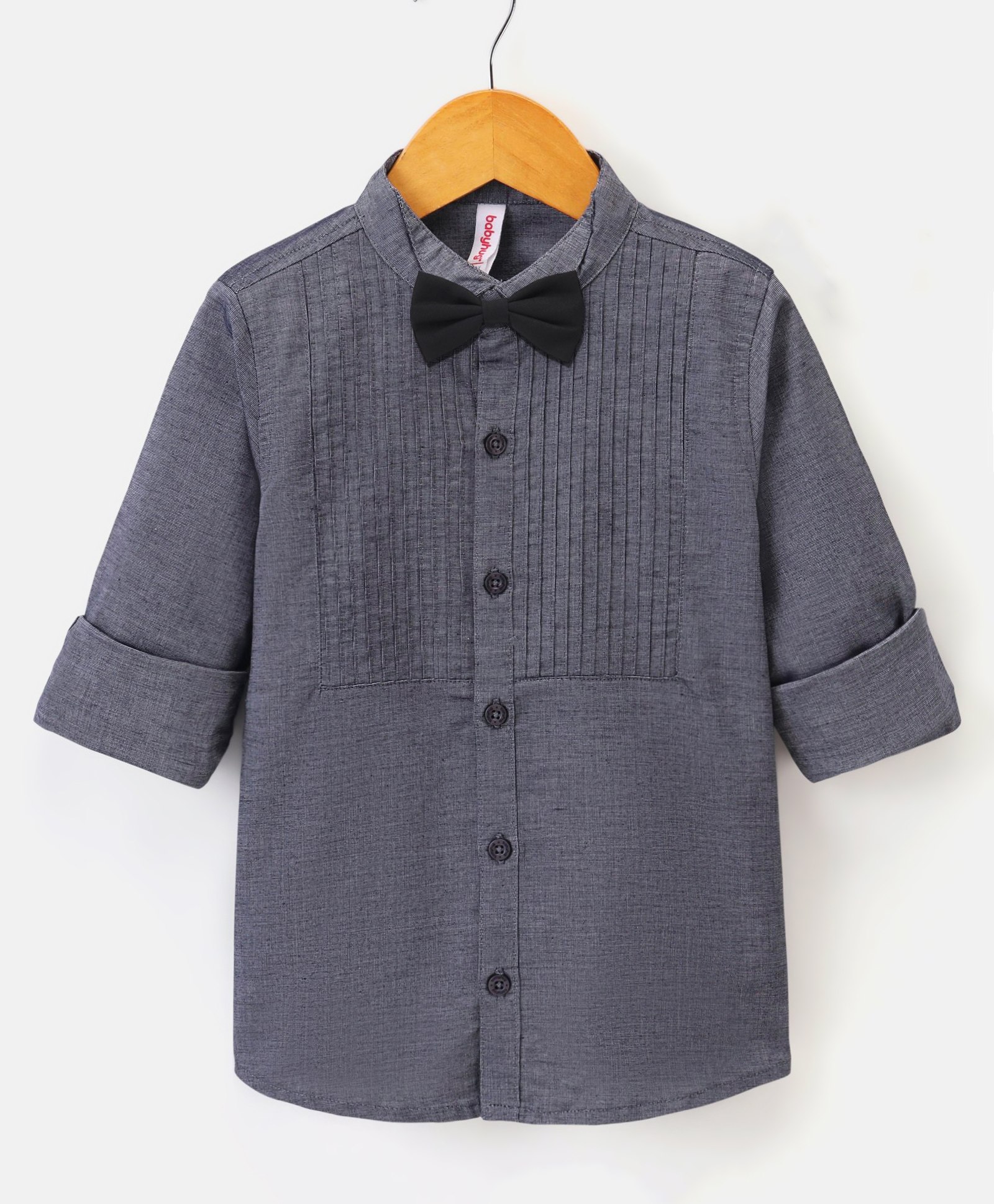 Babyhug Full Sleeves Solid Color Party Wear Shirt with Bow - Grey-image-36