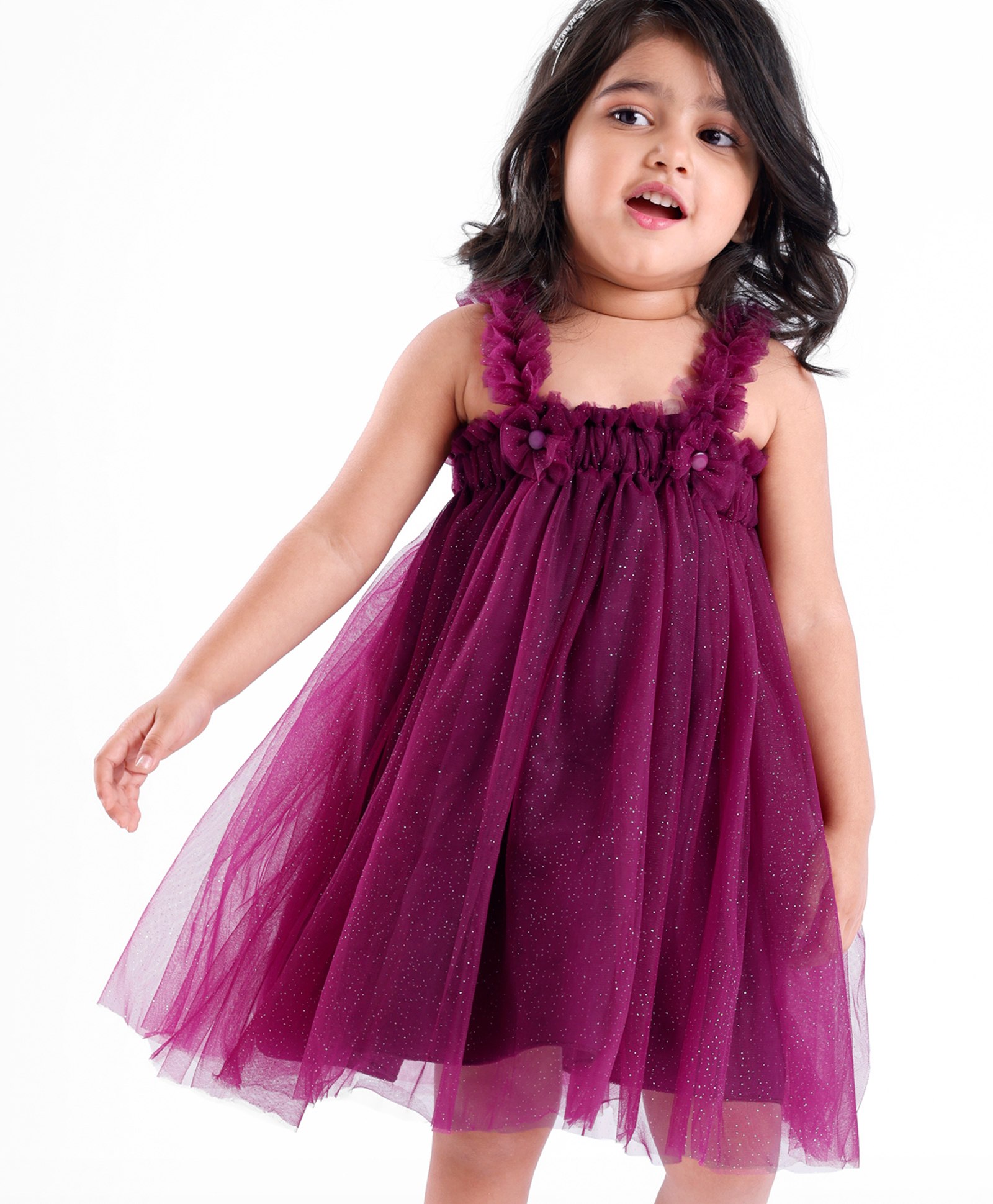 Babyhug Singlet Sleeves Mesh Detailing A-Line Glittery Party Frock - Purple-image-27