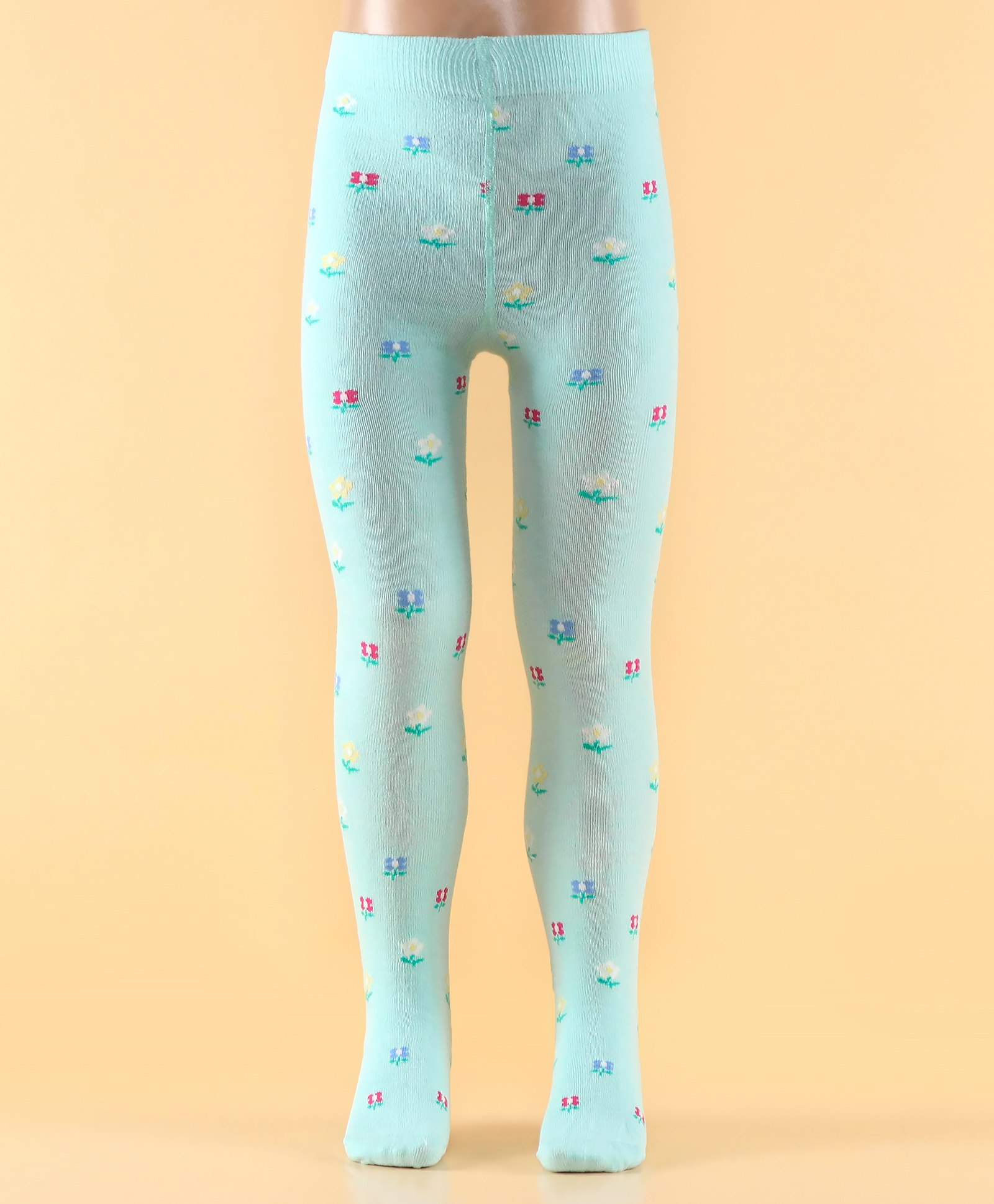 Mustang Full Length Cotton Footed Tights with Floral Design - Mint Blue-image-0
