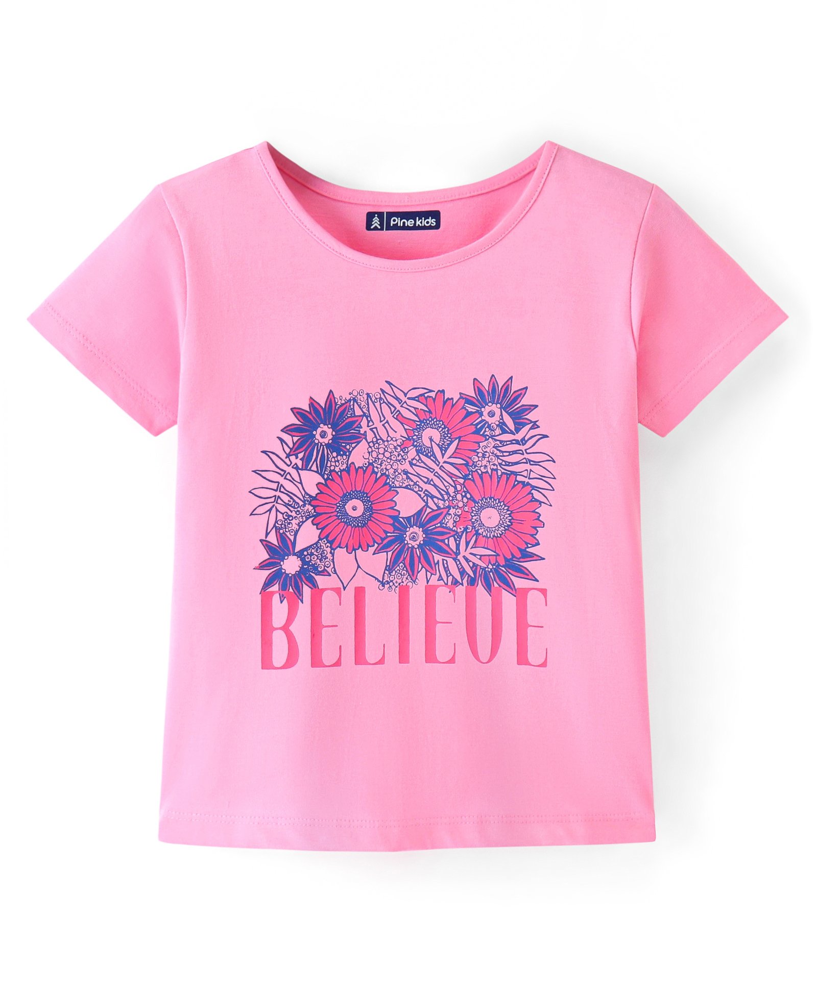 Pine Kids 100% Cotton Knit Half Sleeves Bio-Washed T-Shirt with Floral & Text Print - Pink-image-35