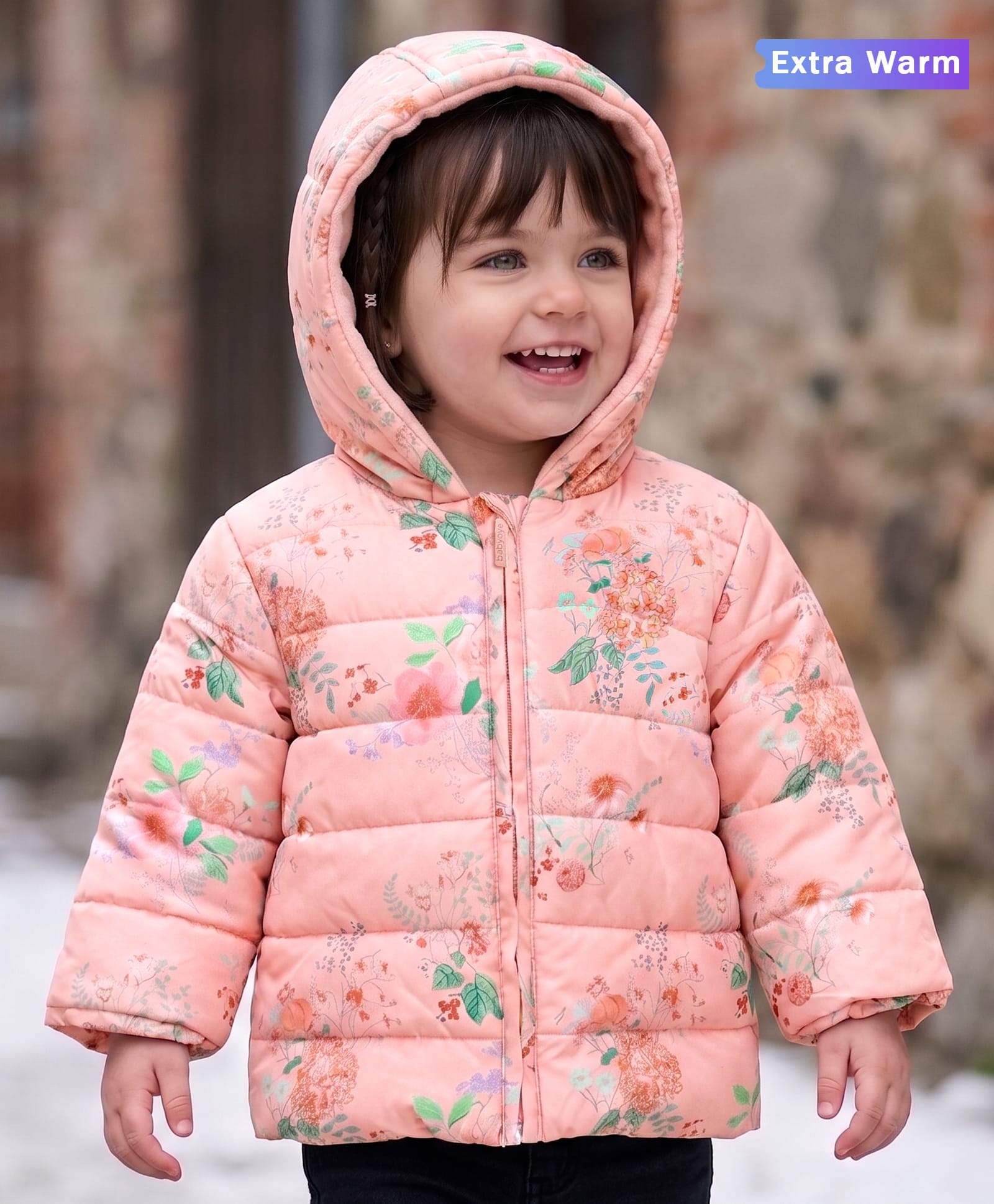 Babyoye Full Sleeves Floral Printed Hooded Jacket - Peach-picture-13