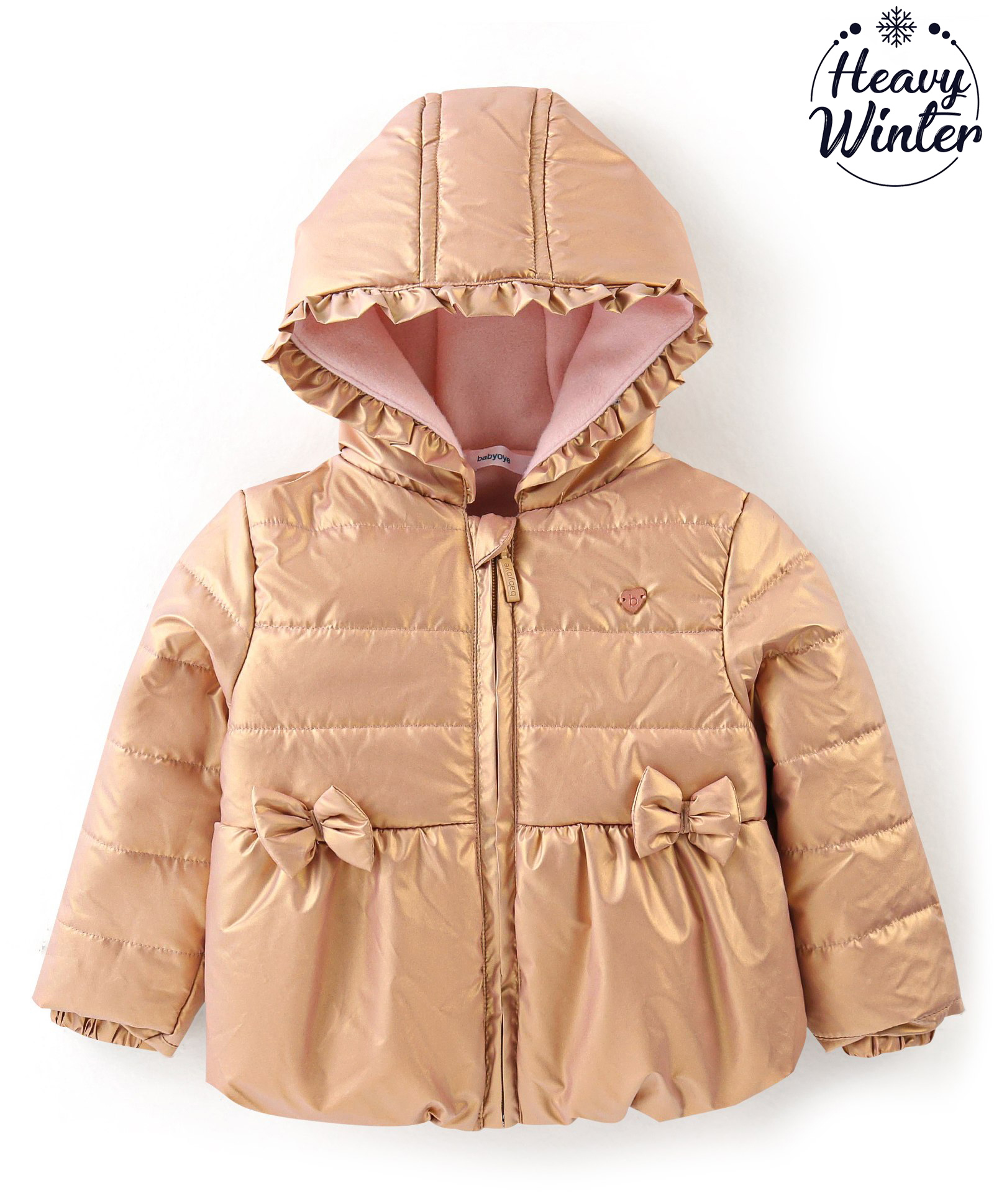 Babyoye Polar Fleece Lined Full Sleeves Hooded Jacket with Bow Applique - Metallic Gold-image-47