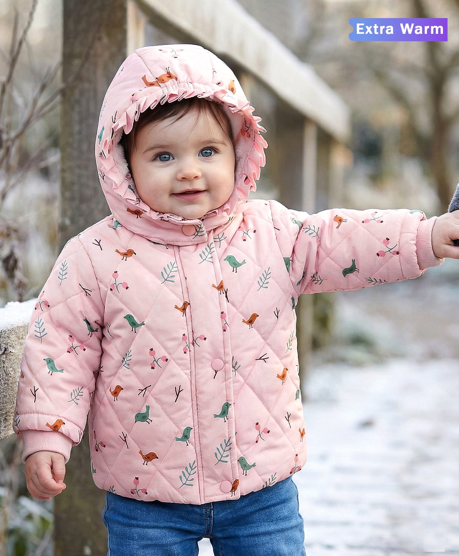 Babyoye Woven Full Sleeves Padded Hooded Jacket With Floral & Birds Print - Baby Pink-image-14
