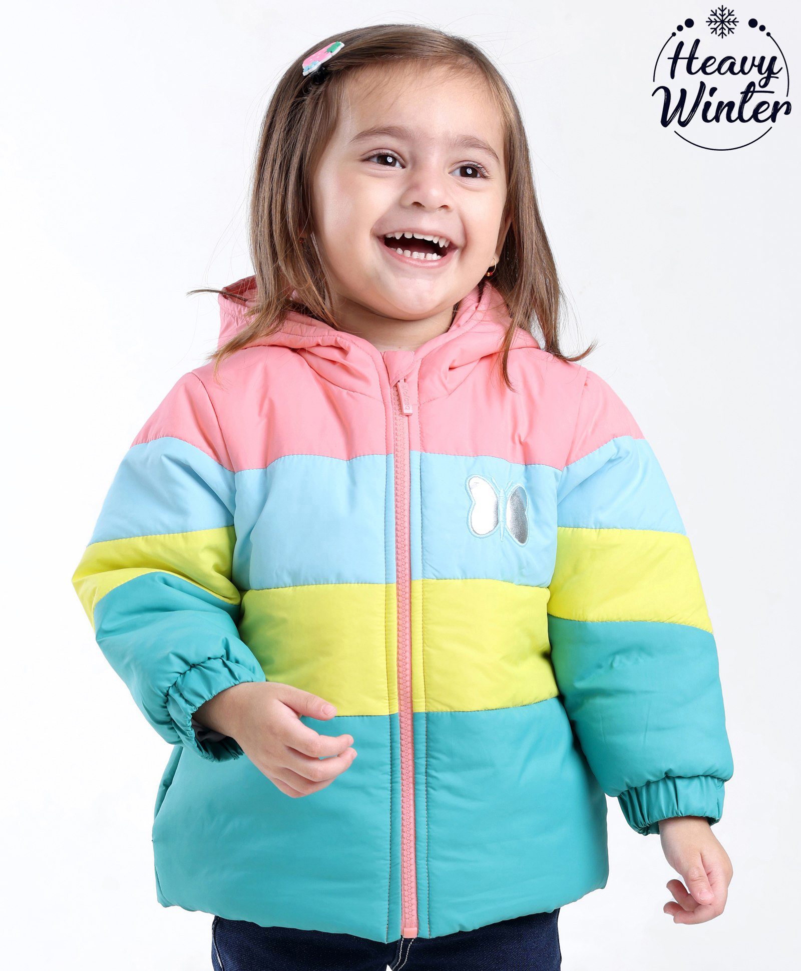 Babyoye Full Sleeves Solid Colour Block Hooded Jacket with Butterfly Design - Multicolour-image-45