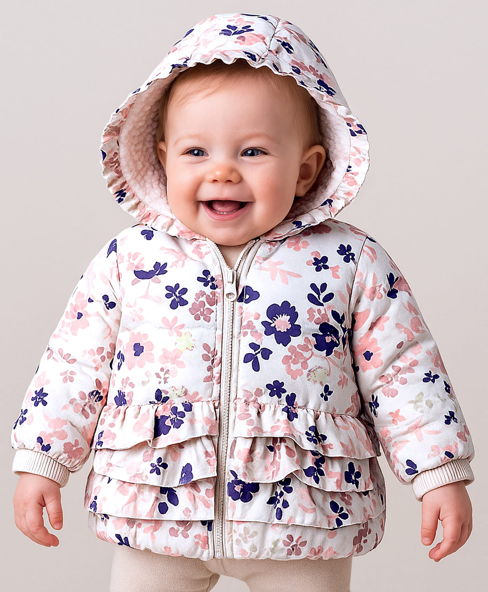 Babyoye Woven Full Sleeves Padded Hooded Jacket with Floral Print & Frill Detailing - White-image-45