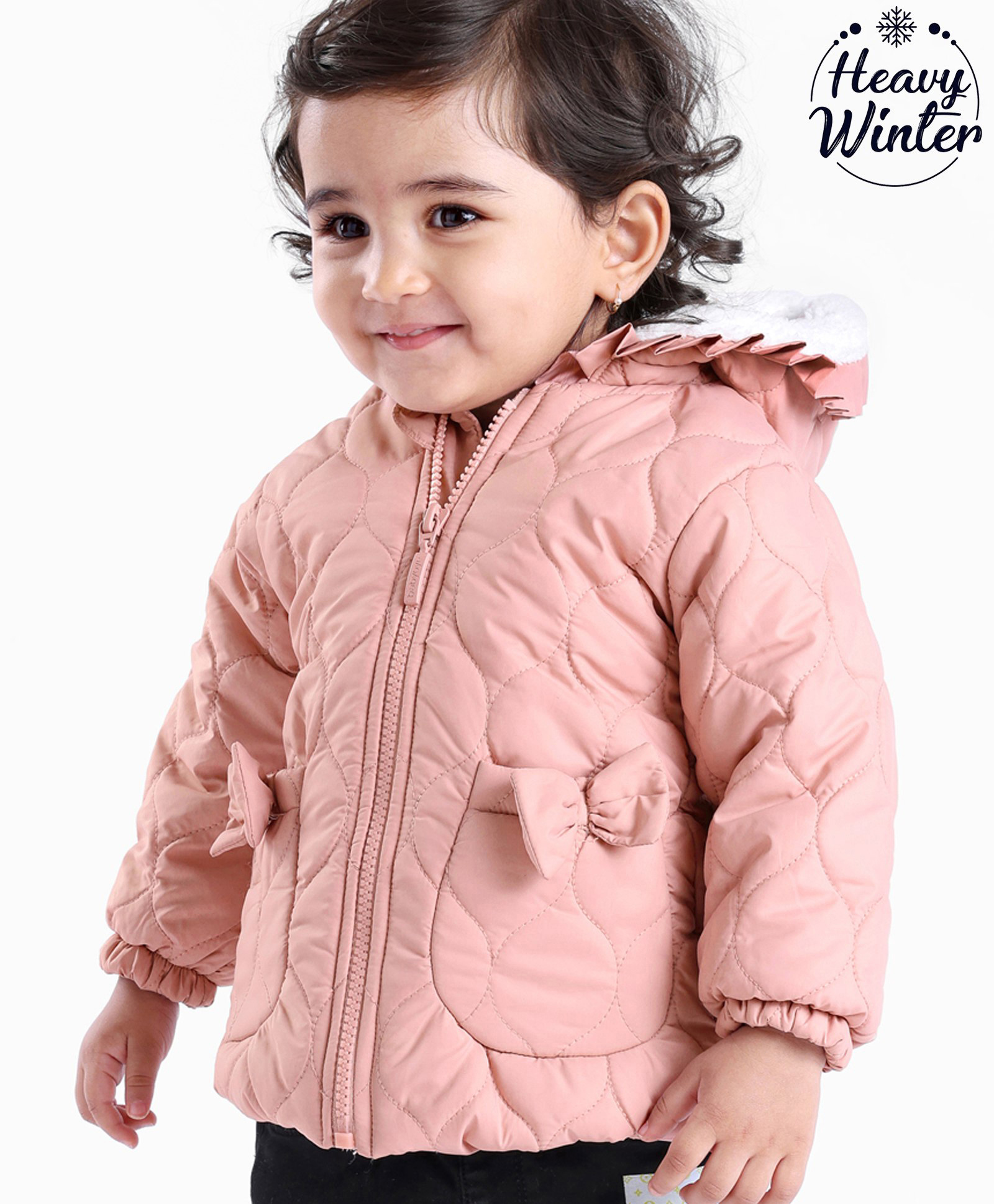 Babyoye Woven Full Sleeves Padded Hood Sherpa Lined Jacket With Solid Colour - Peach-image-22