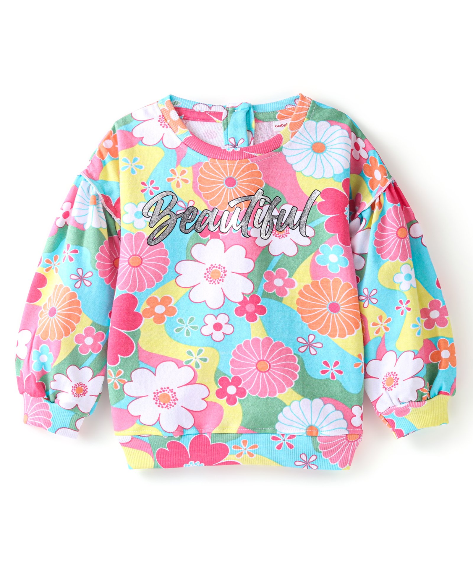 Babyhug Cotton Knit Balloon Sleeves Sweatshirt With Floral Print & Frill Detailing - Multicolour-picture-24