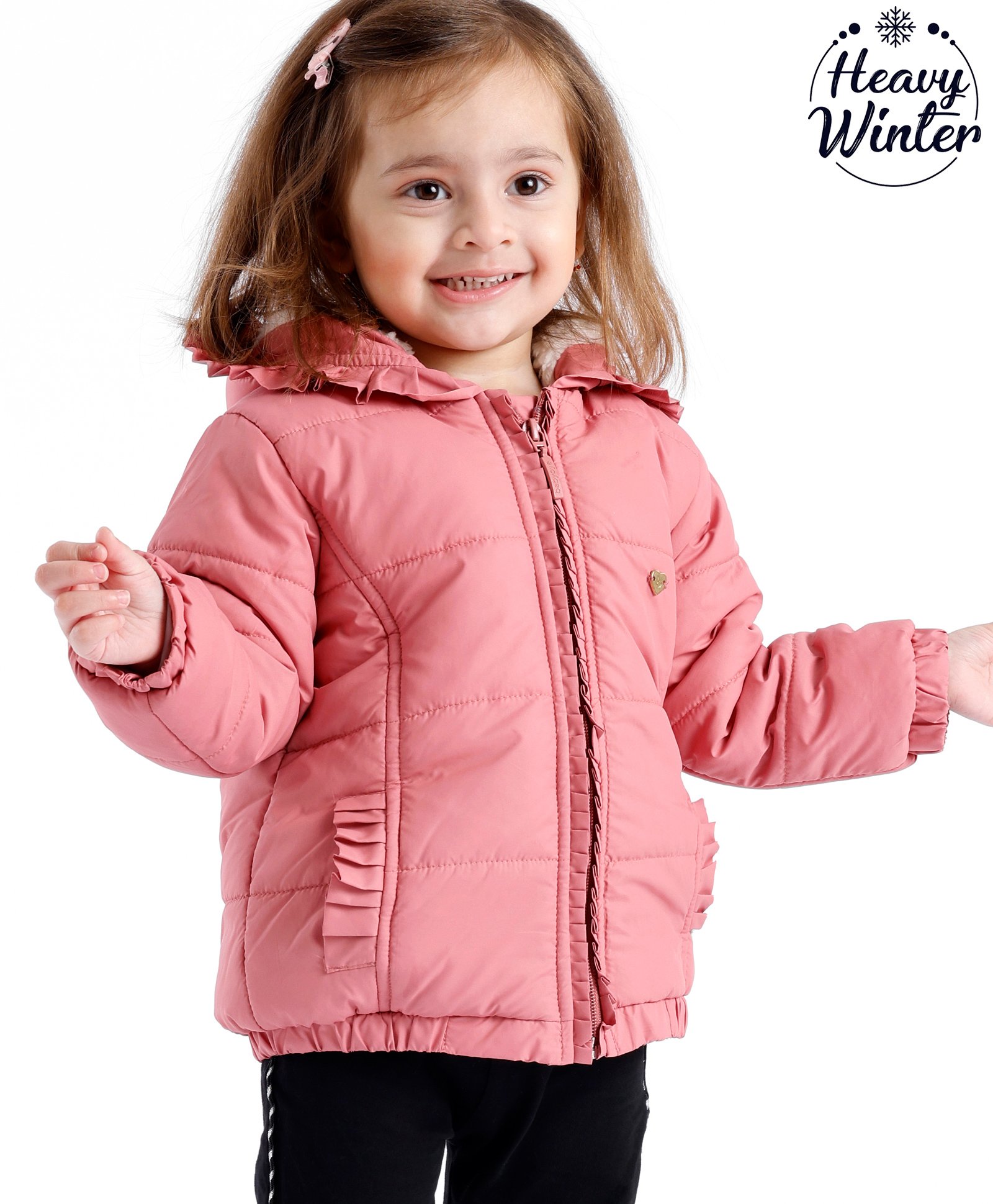 Babyoye Woven Full Sleeves Padded Hood Sherpa Lined Jacket With Solid Colour - Pink-picture-18