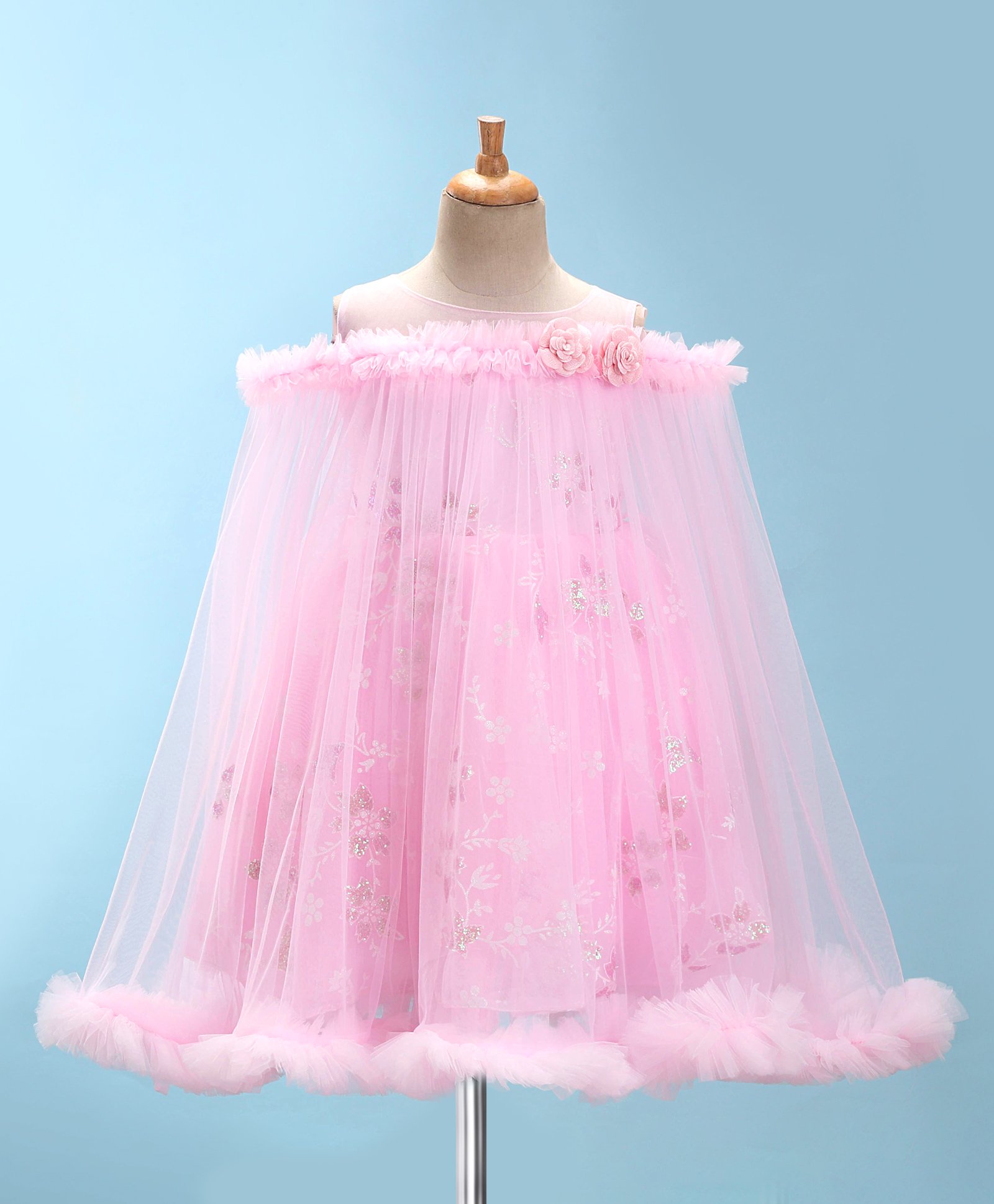 Bluebell Net DC Sleeveless Party Frock With Floral Applique - Pink-picture-17