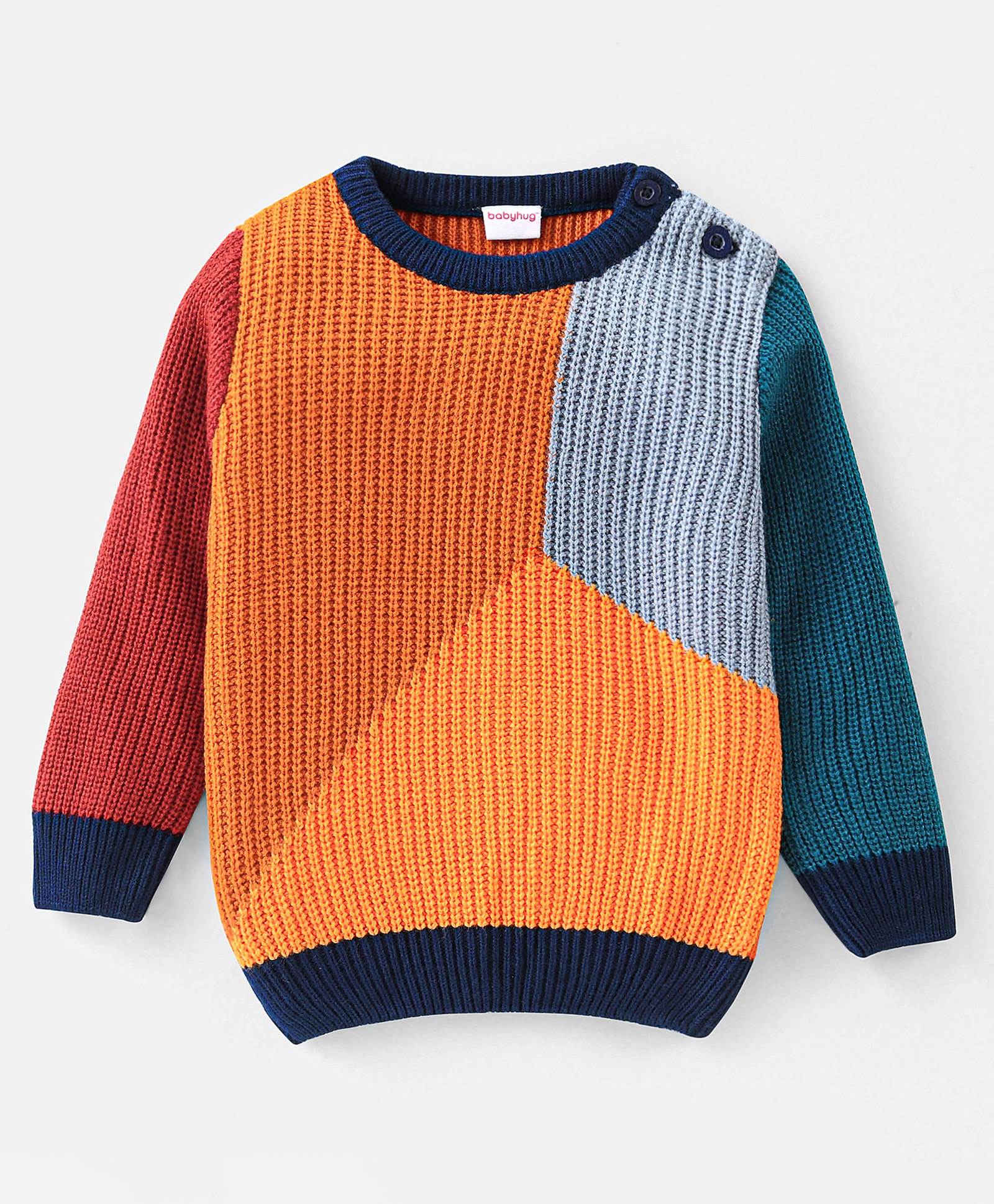 Babyhug 100% Acrylic Knit Full Sleeves Color Block Pullover - Brown Red & Orange-image-43