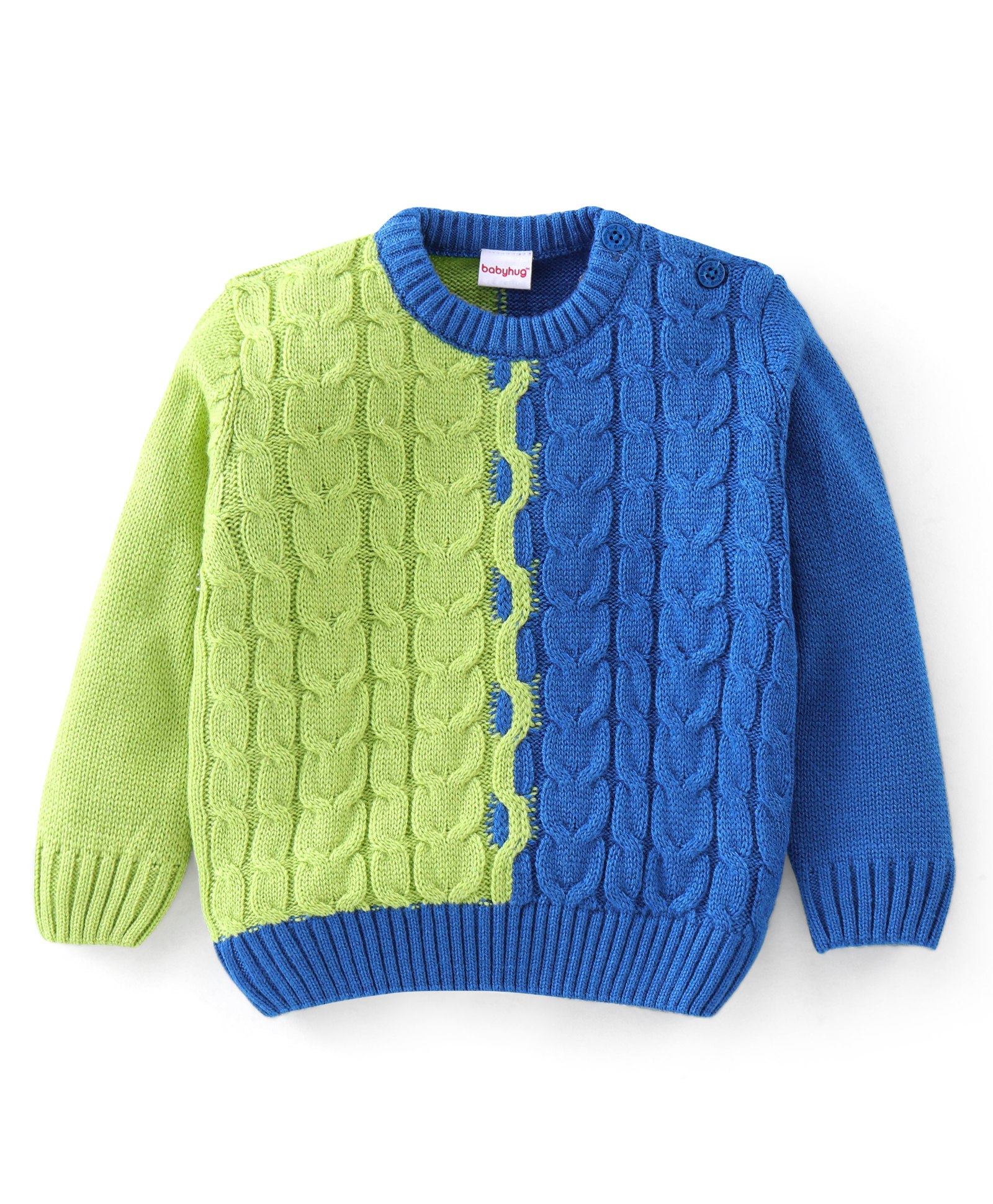 Babyhug Knitted Full Sleeves Sweater Color Block with Cable Knit Design - Green & Blue-image-10