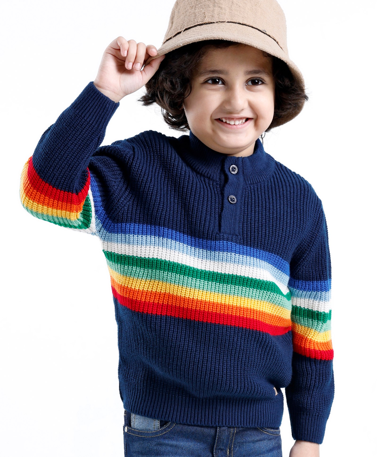 Babyhug 100% Acrylic Knit Full Sleeves Sweater With Striped - Navy Blue-image-32