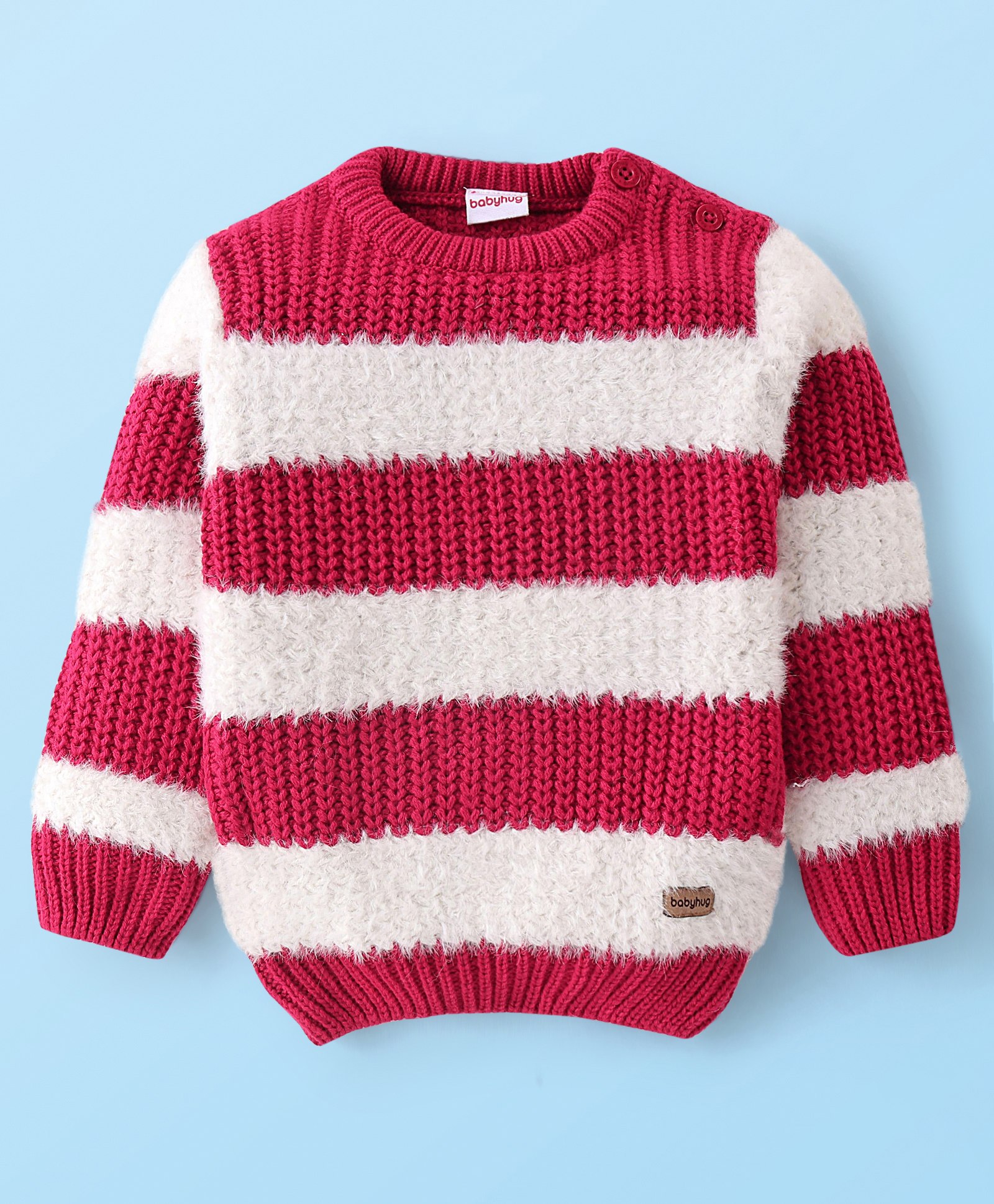 Babyhug Acrylic Knit Full Sleeves Pullover Sweater Striped - White & Fuschia-image-45
