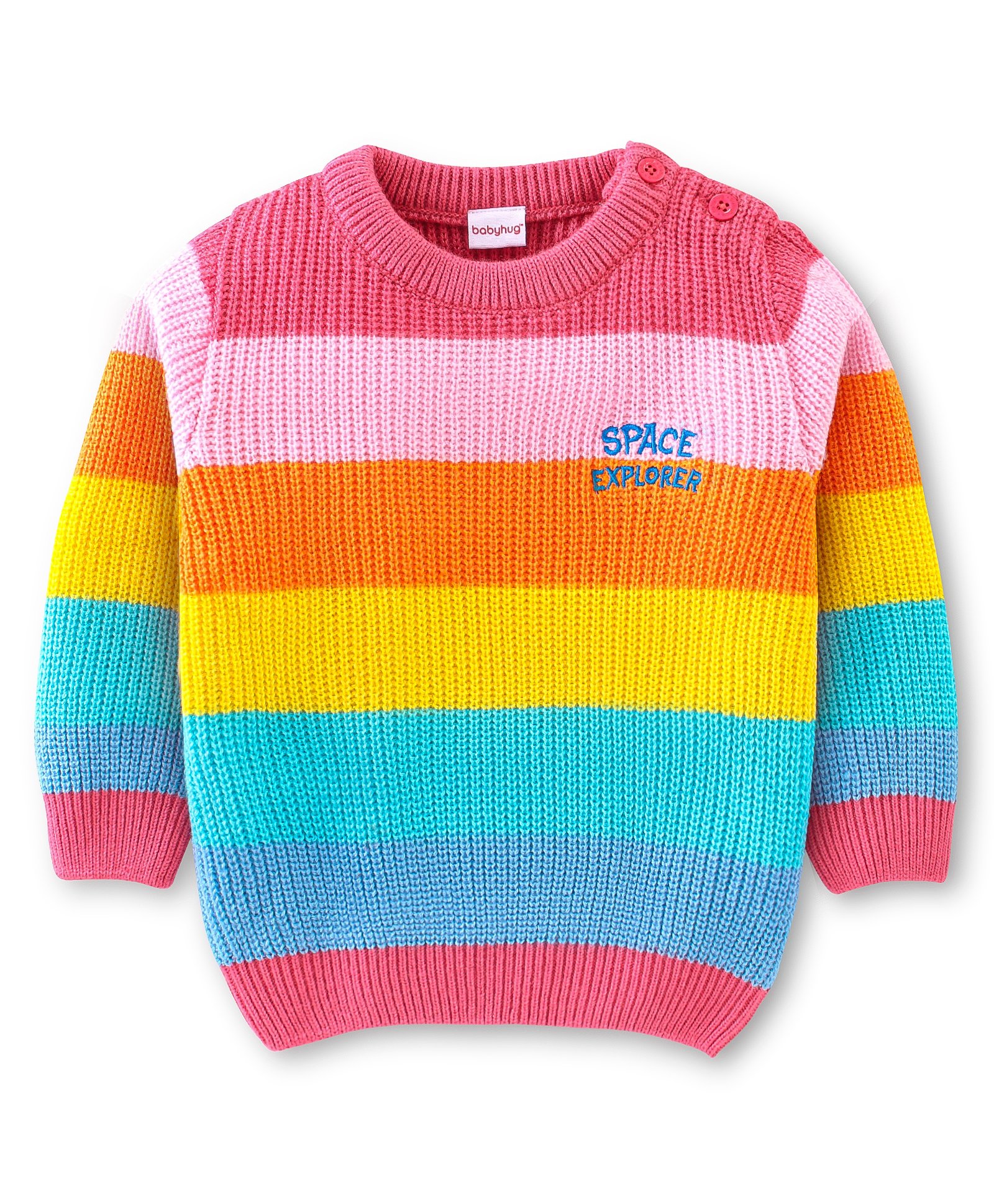 Babyhug 100% Acrylic Knit Full Sleeves Sweater Stripes & Text Embroidery - Yellow Blue & Pink-image-39