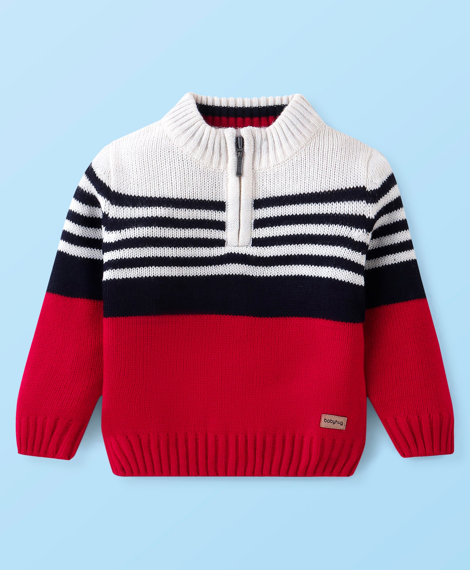 Babyhug 100% Acrylic Knit Full Sleeve Color Block Sweater Pullover - White & Red-image-34