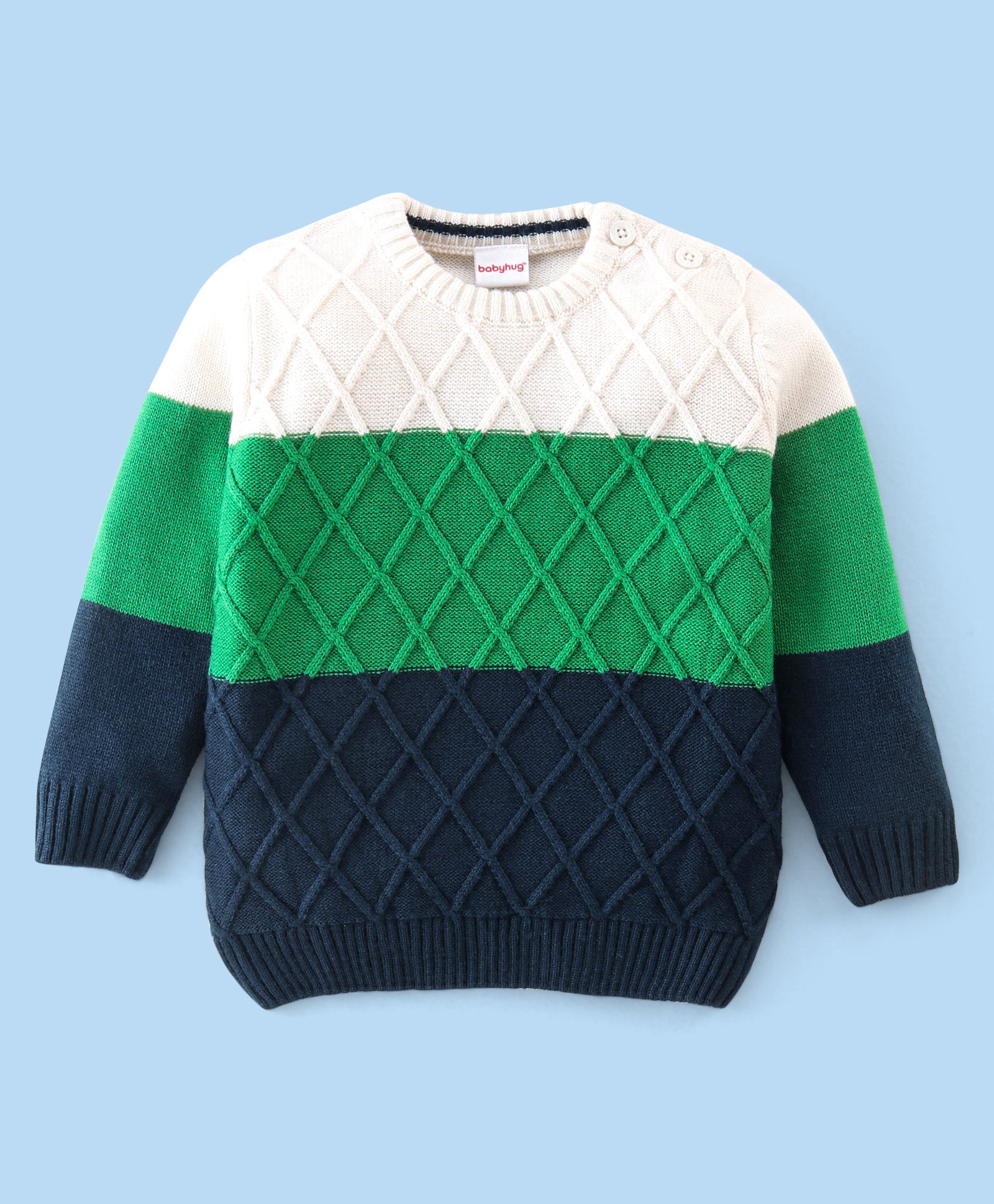 Babyhug Knitted Full Sleeves Sweater With Cable Knit Design - Green White & Blue-image-21