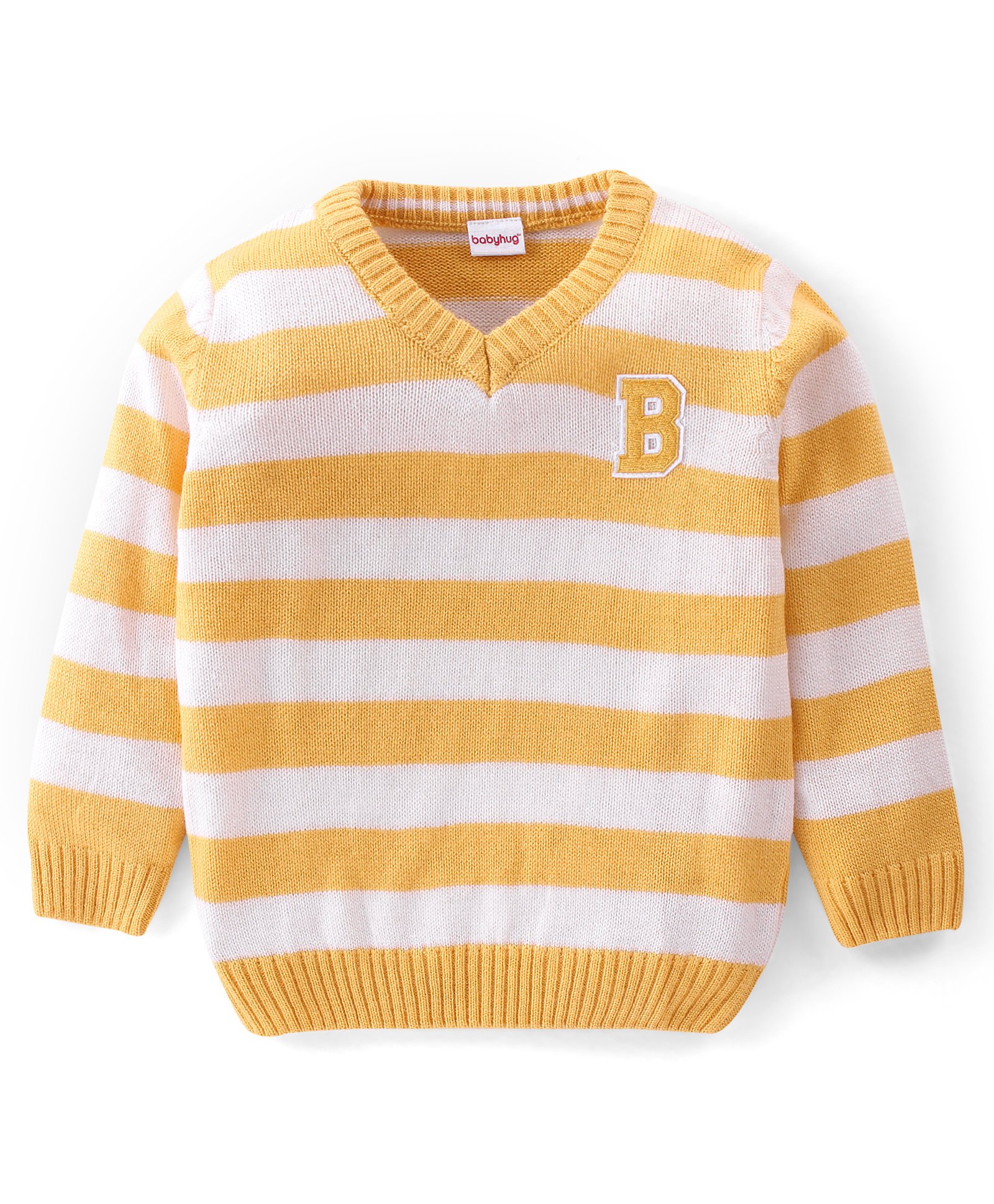 Babyhug 100% Acrylic Knit Full Sleeves Sweater With Striped & Embroidery - Yellow & White-image-15